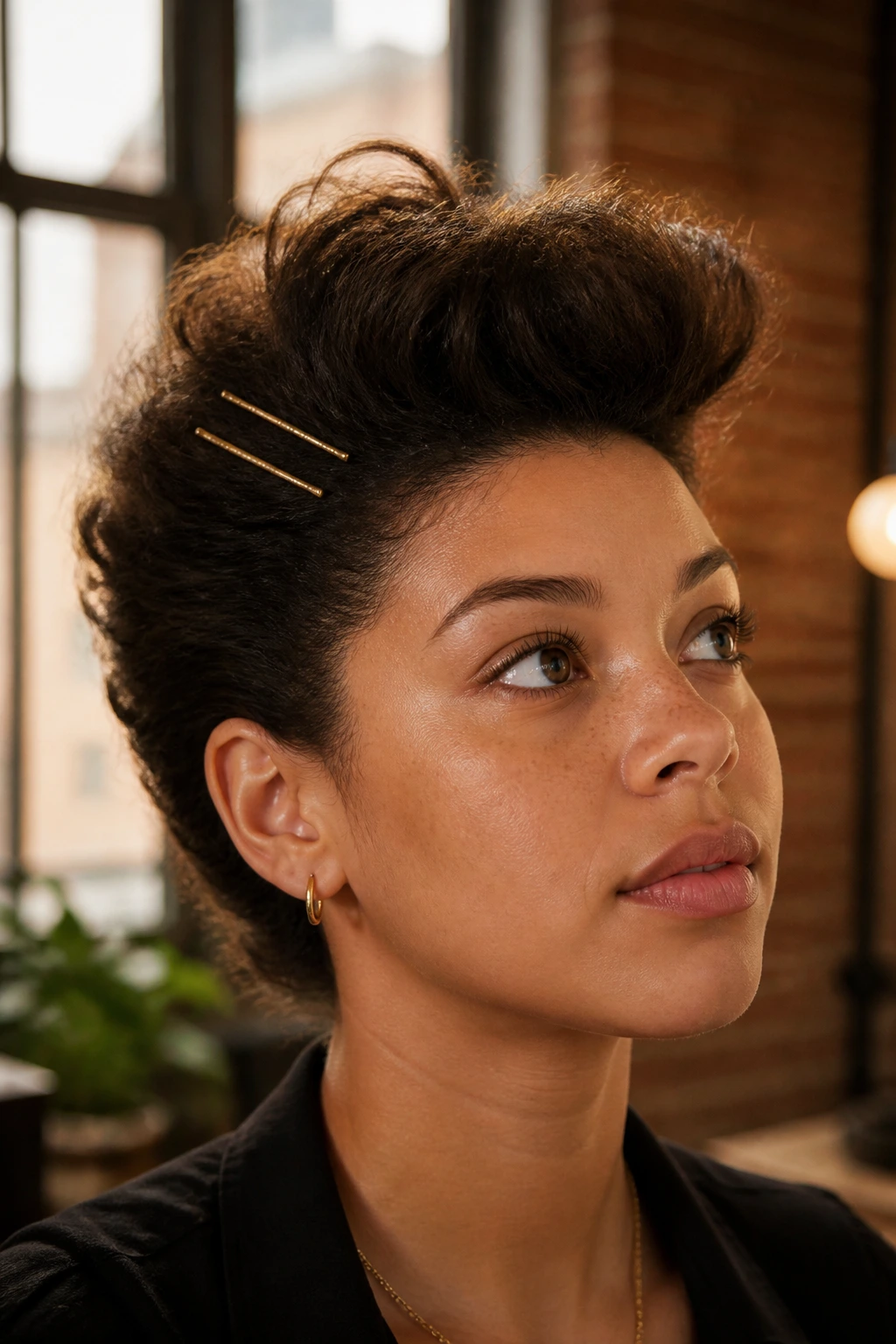 Close-up of a real person with a pinned-back quiff hairstyle and gold pins