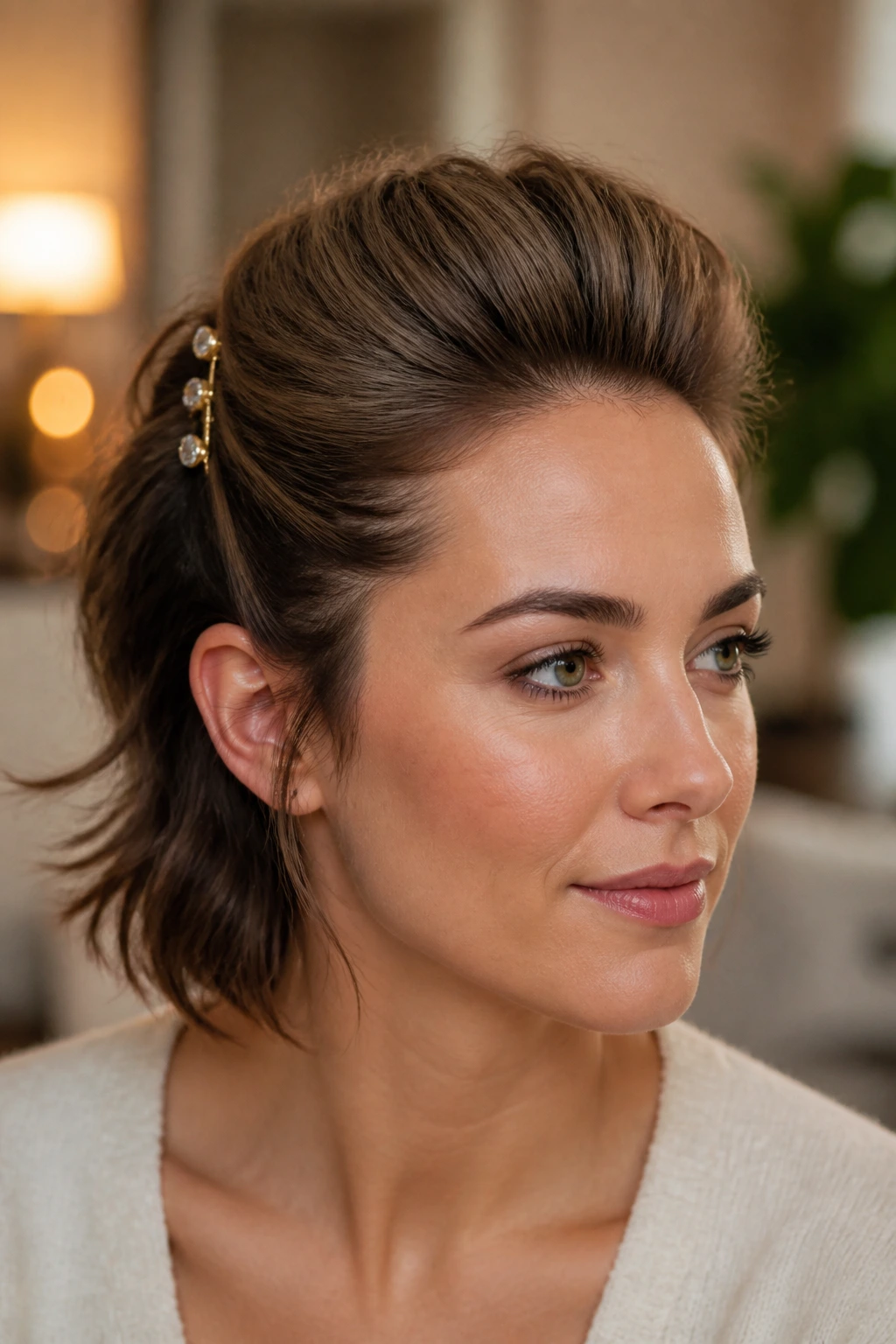 Close-up of a real person showing a teased crown and pinned-back quiff