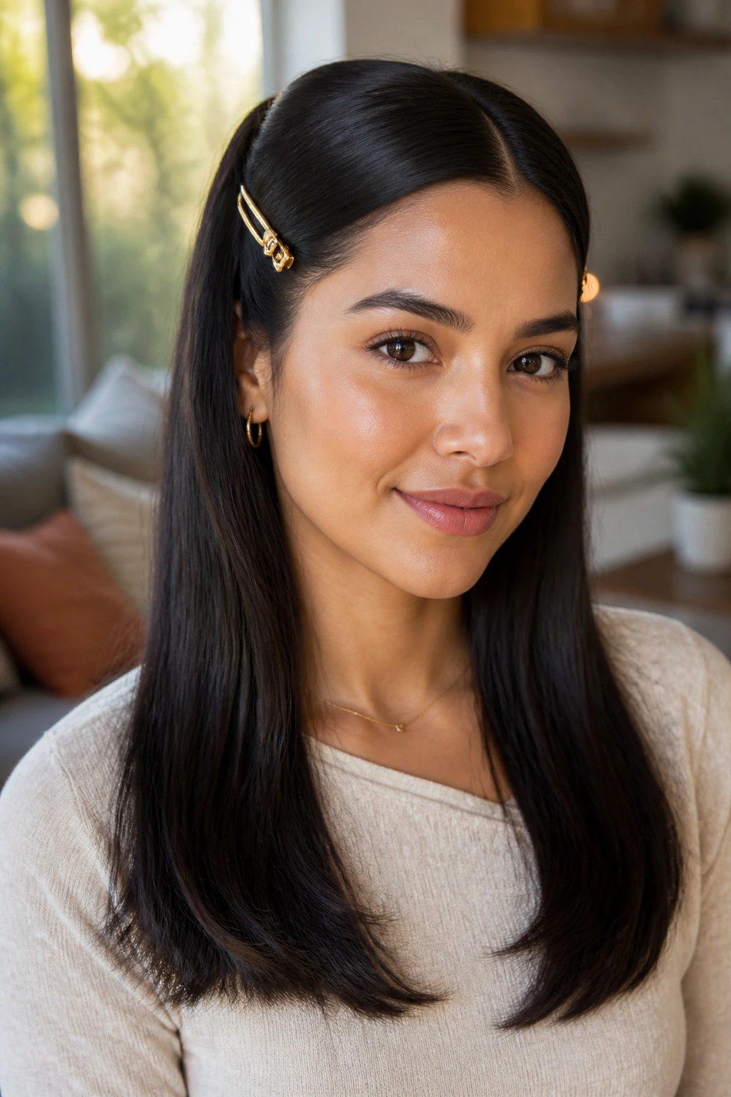Latina woman with softly pinned back sides using decorative clips.
