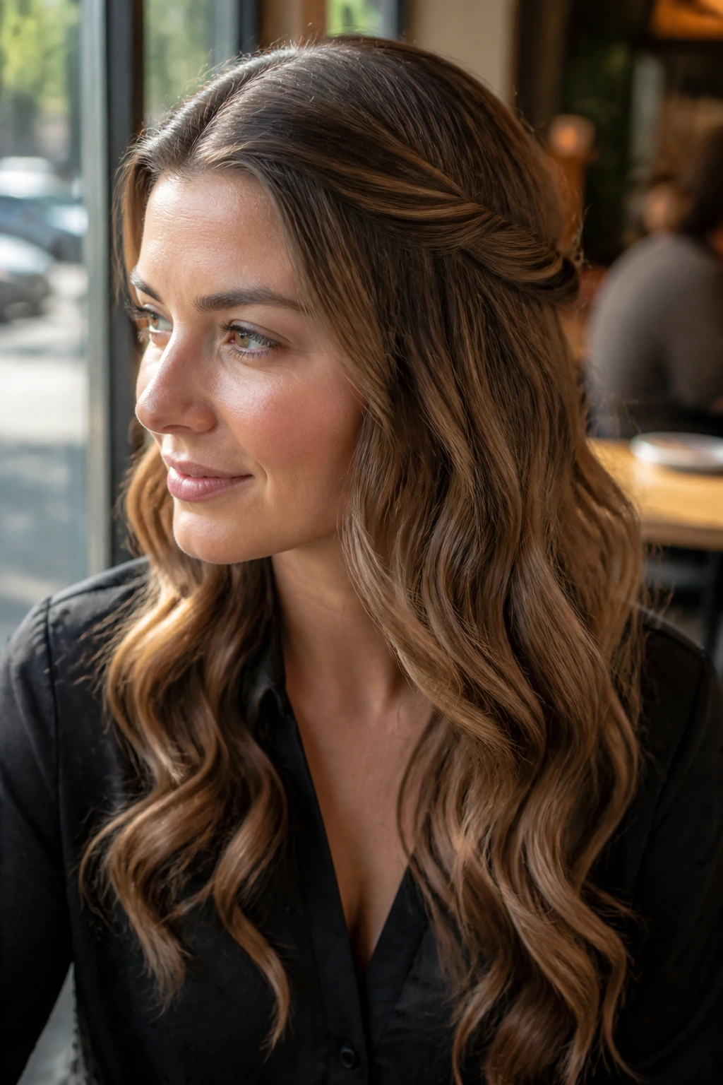 Woman with pinned-back waterfall hairstyle in a sunlit cafe setting