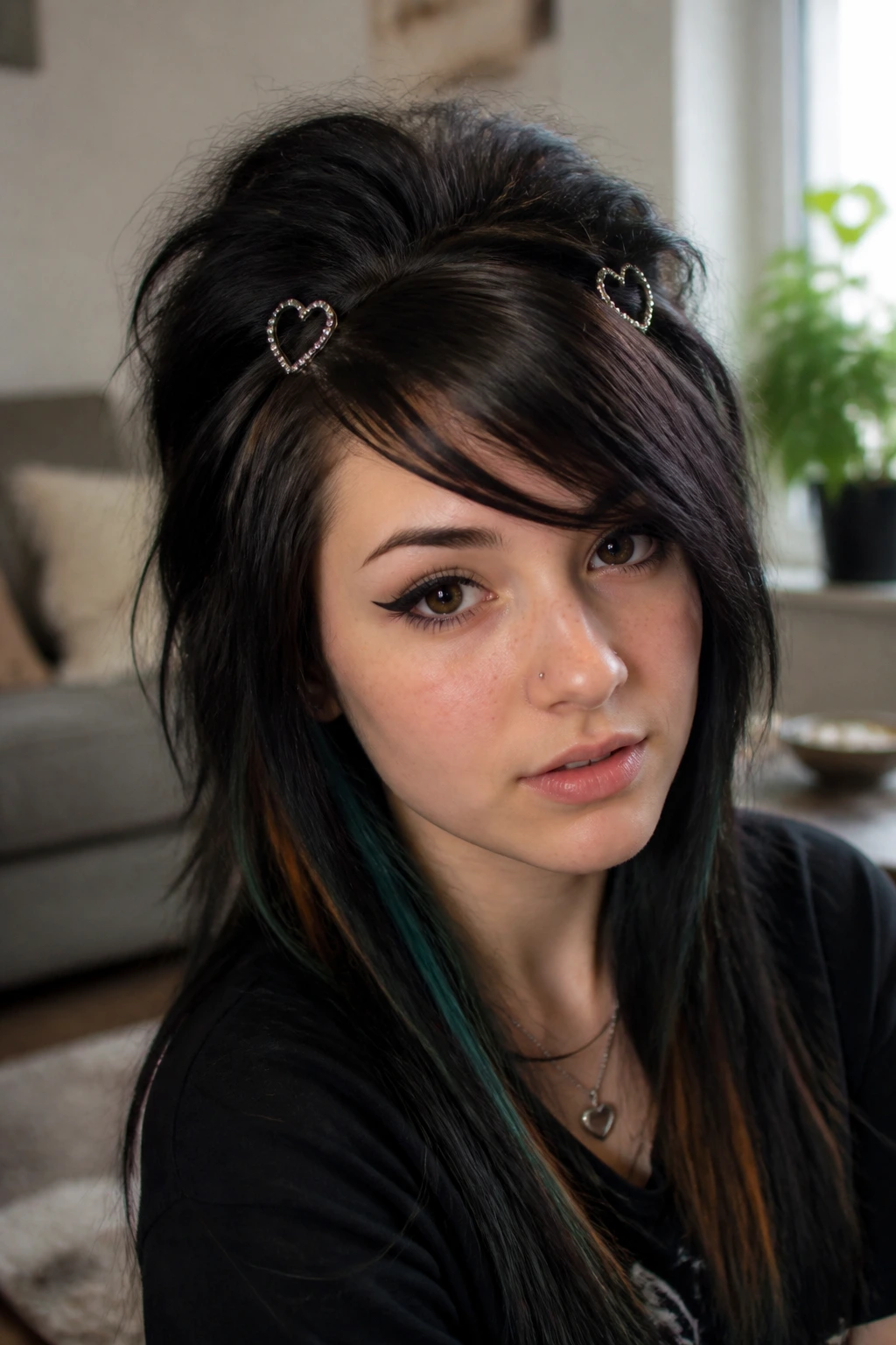 Close-up of real person with bangs pinned back by heart clips in a cozy living room.