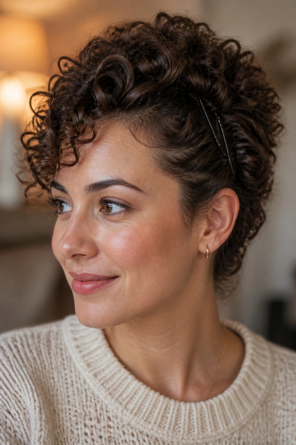 Portrait of a real woman with pinned-up sides and a voluminous crown