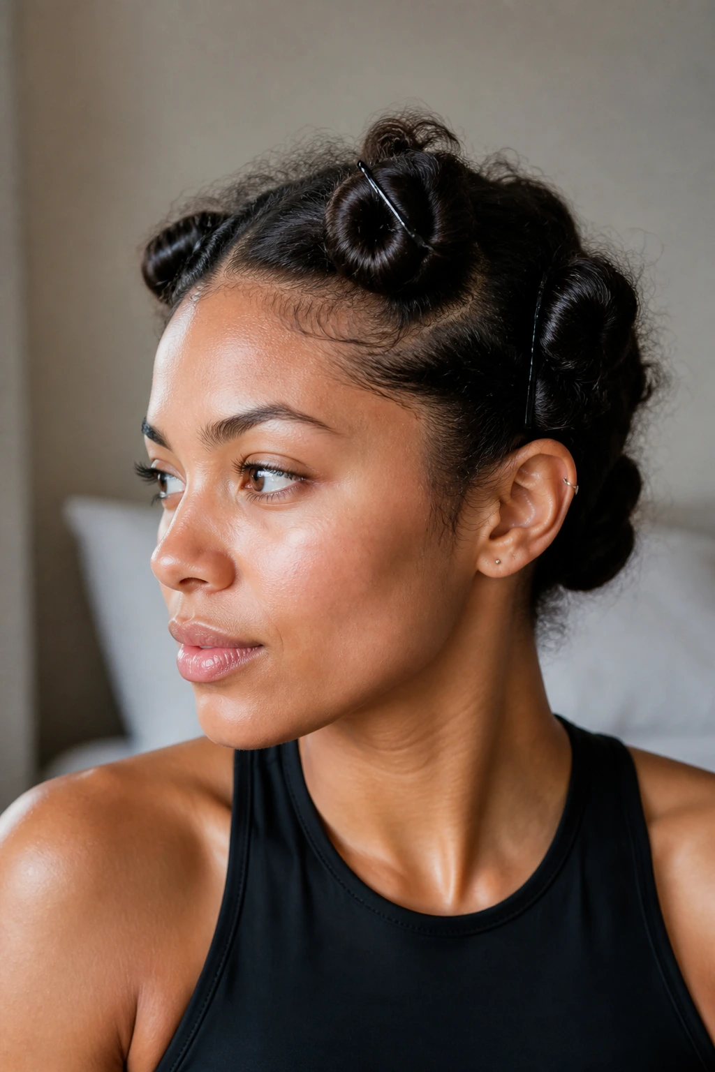 Close-up of a real woman with four twisted coils pinned against the scalp