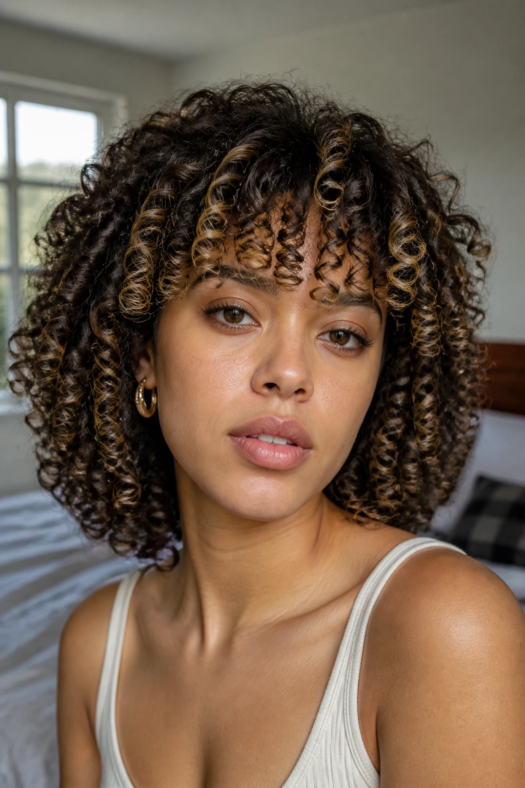 Real person showing Pintura-style highlights on curly fringe