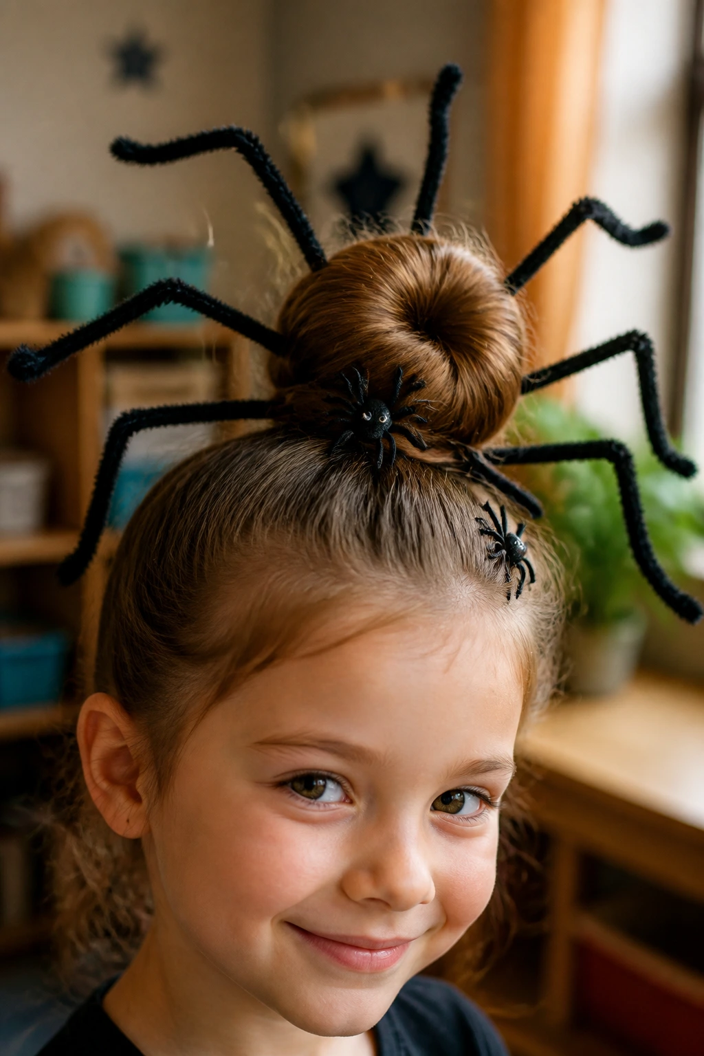 Close-up of child with pipe cleaner spider web hair