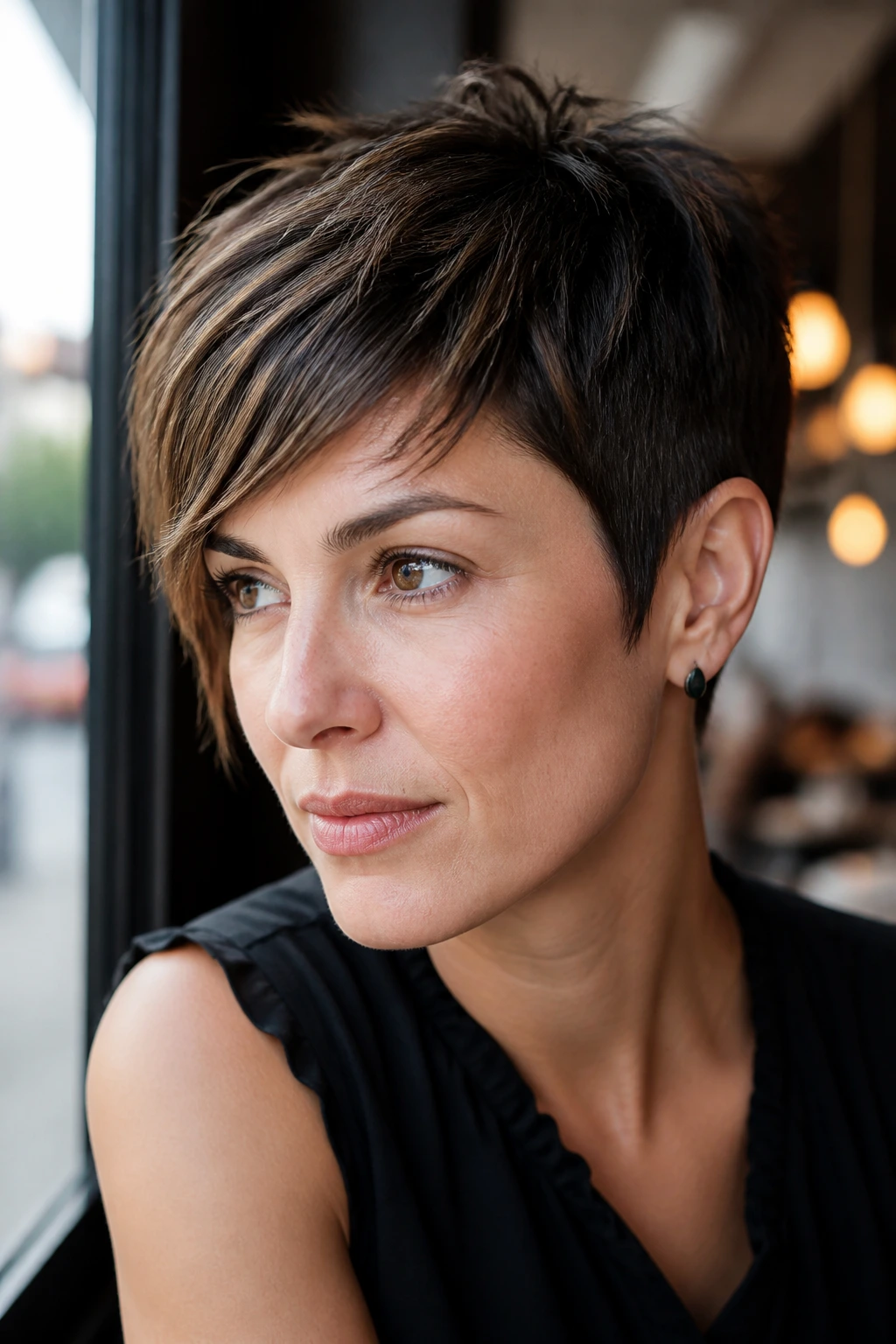 Asymmetrical pixie bangs on a real woman in cafe window light