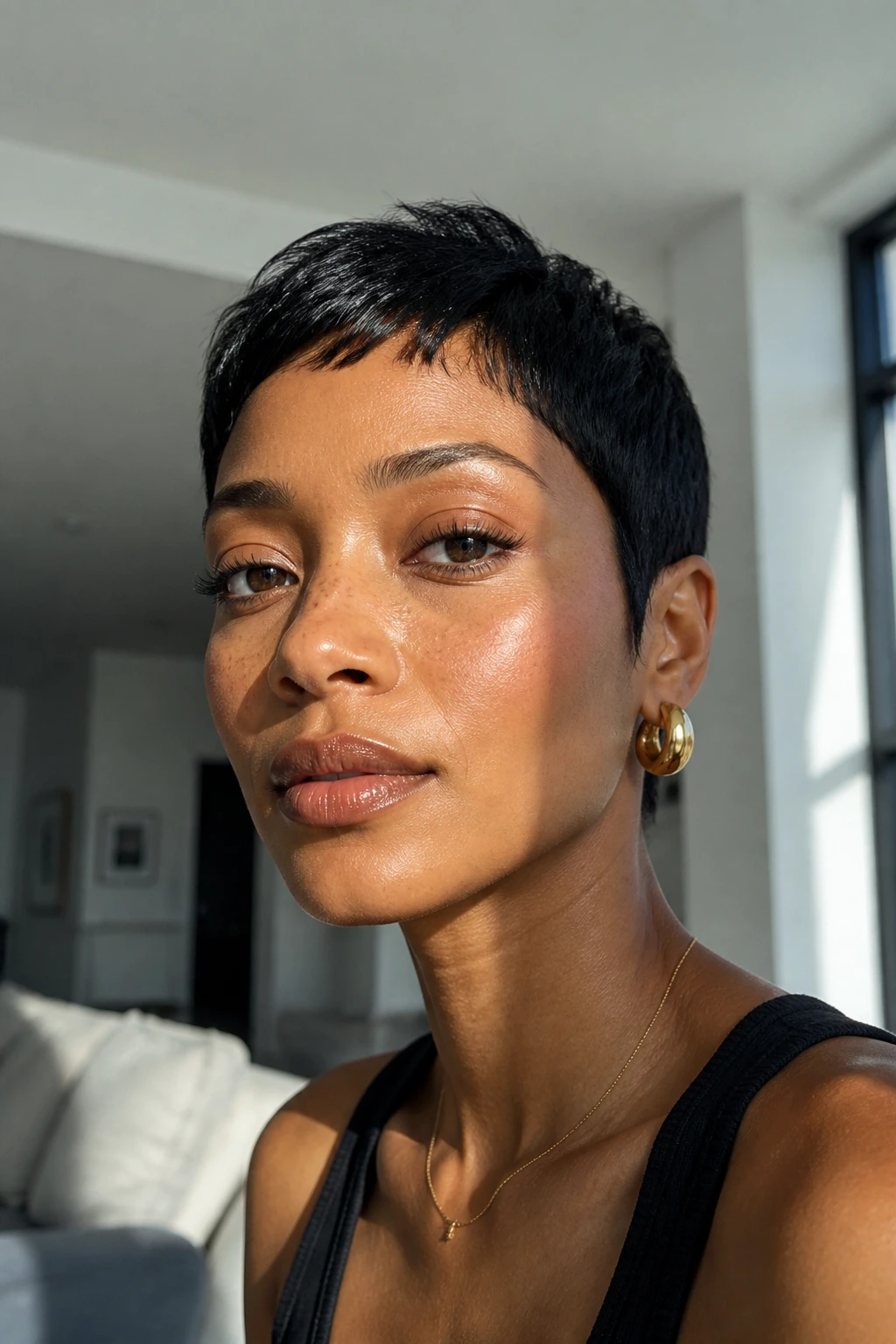 Close-up of a woman with ultra-short pixie and micro baby bangs