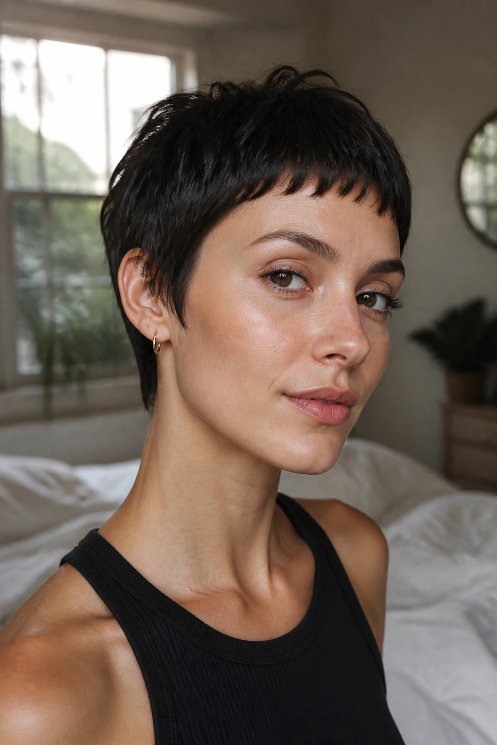 Close-up portrait of a real woman with a micro fringe and sharp pixie haircut in soft window light