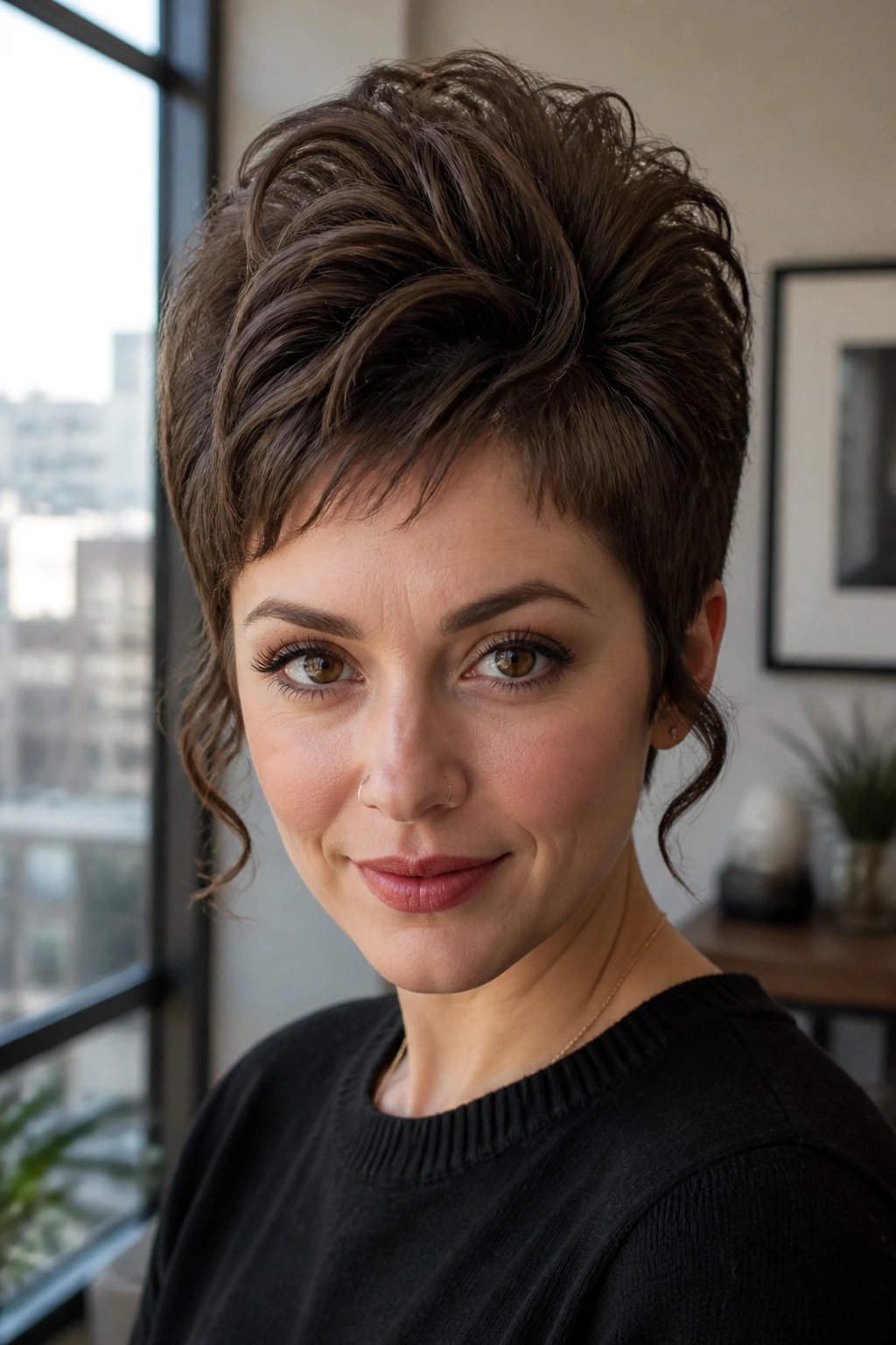 Close-up of pixie beehive with curled tendrils on a real person