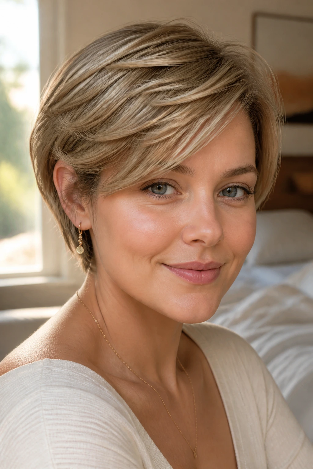 Close-up portrait of a real woman with softly layered bixie hairstyle.