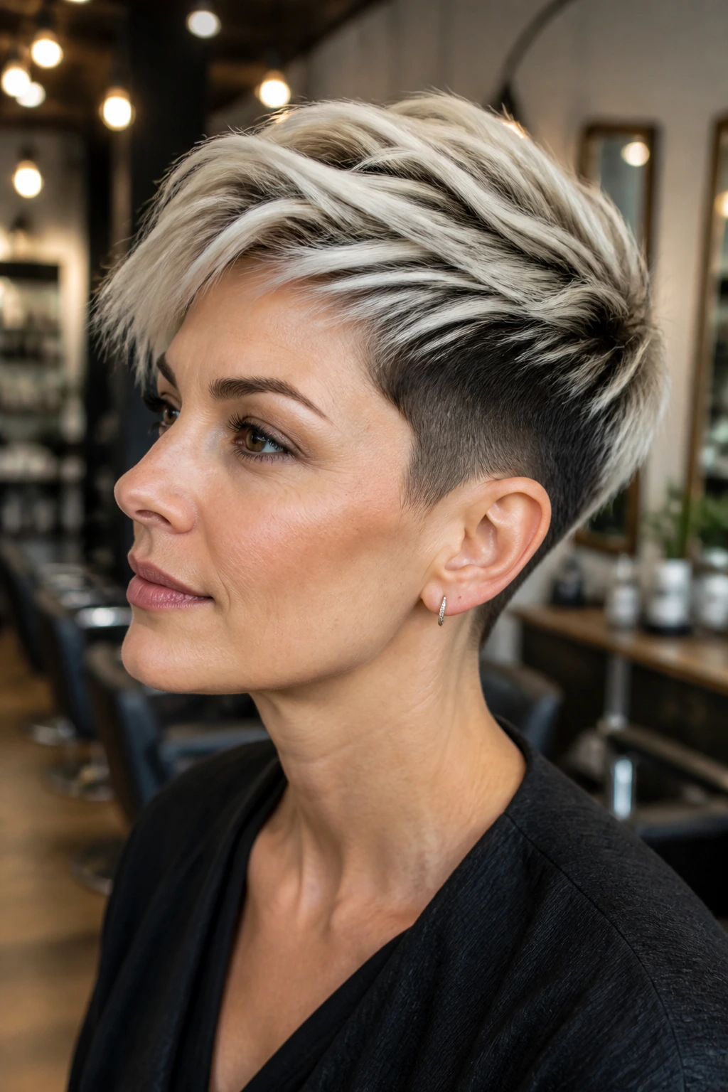 Portrait of a real person with bleached top and dark undercut for high-contrast tapered pixie, in a stylish salon.