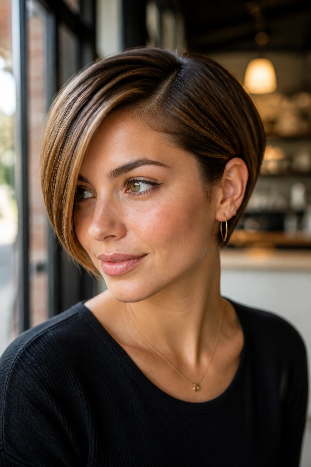 Close-up of a real person with a deep-parted pixie bob