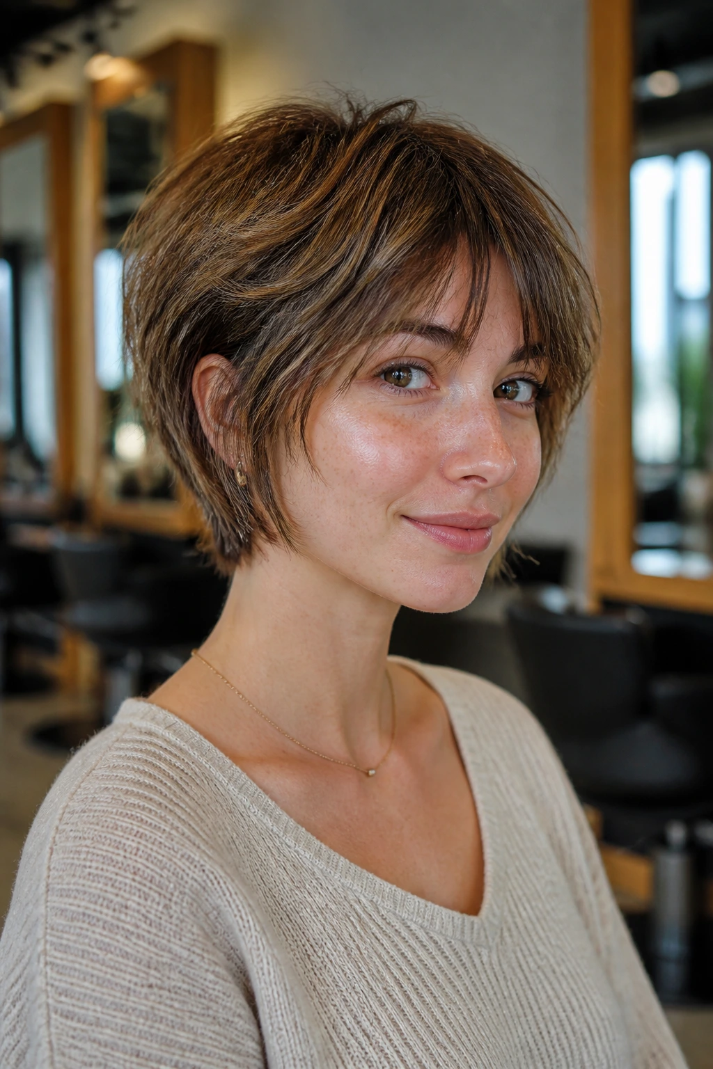 Three-quarter portrait of a real person with piece-y pixie-bob hairstyle