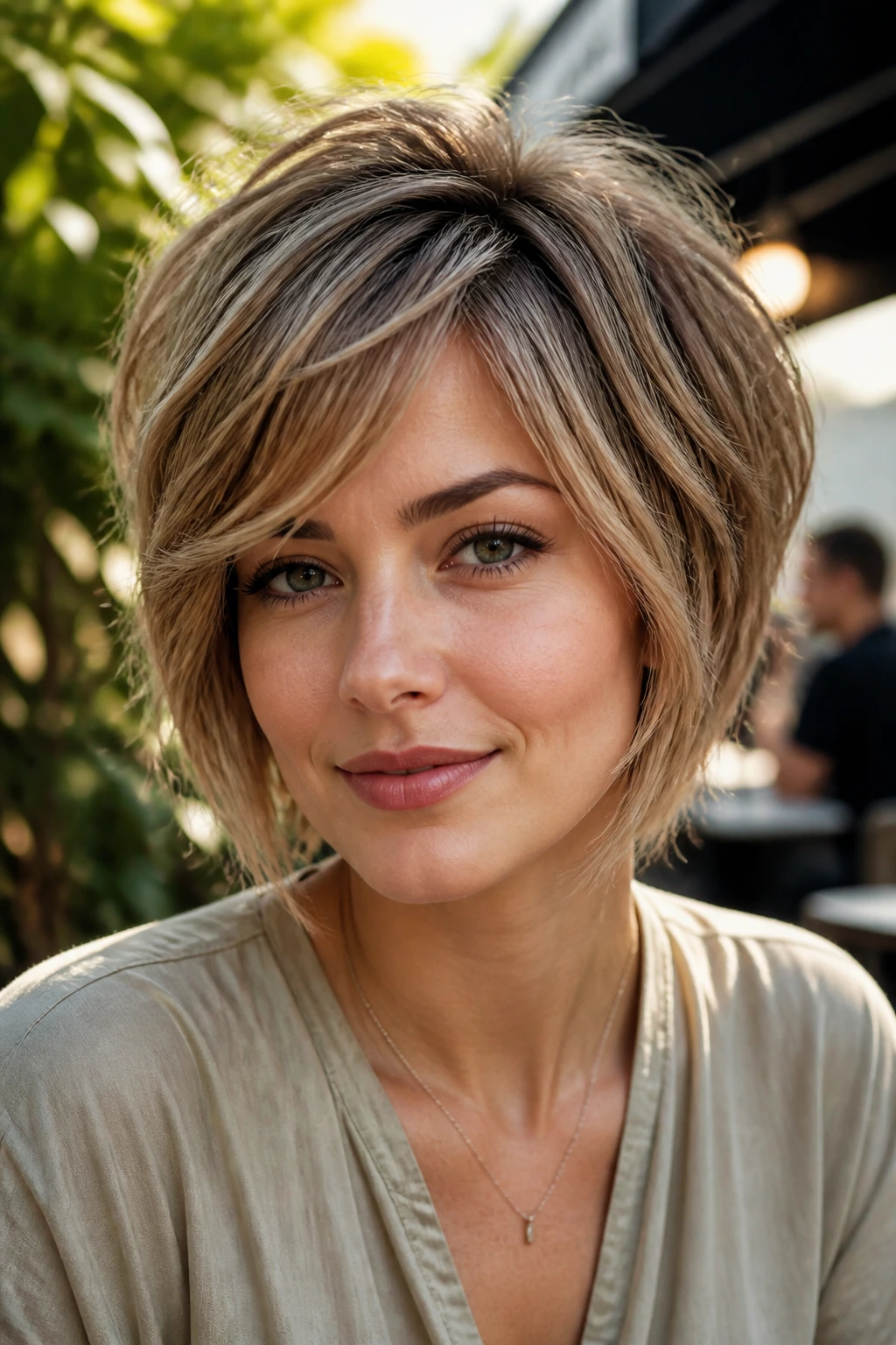 Front portrait of a real woman with a voluminous pixie-bob hairstyle and textured crown