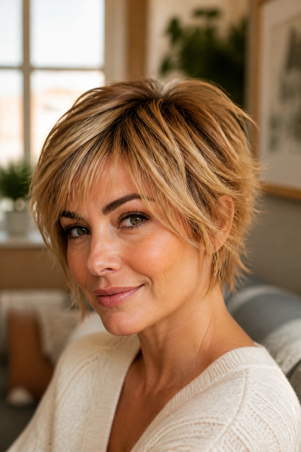 Close-up of a real woman with shaggy caramel blond pixie-bob haircut in sunlit living room