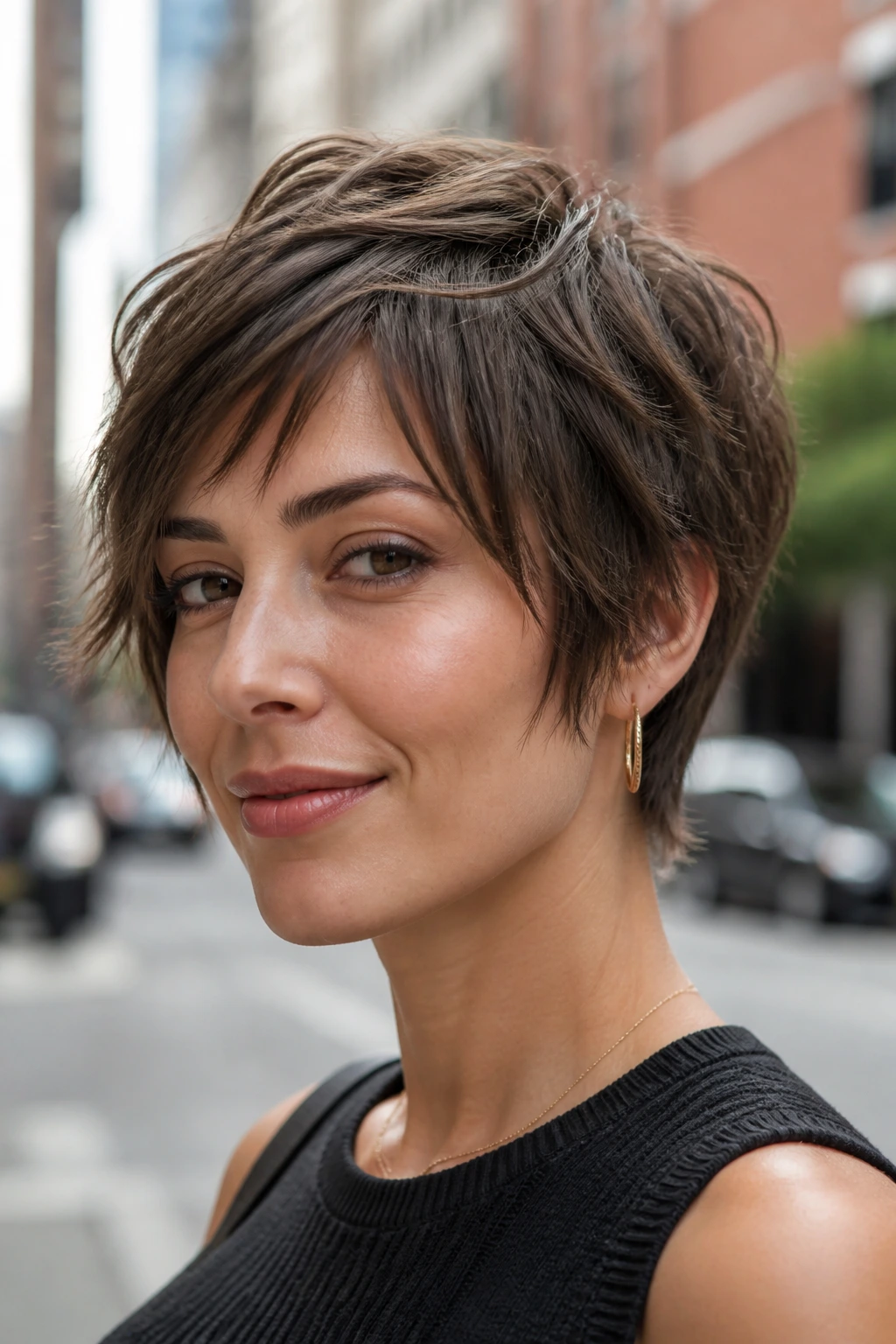 Portrait of a real woman with a short pixie-bob hybrid hairstyle with choppy layers.