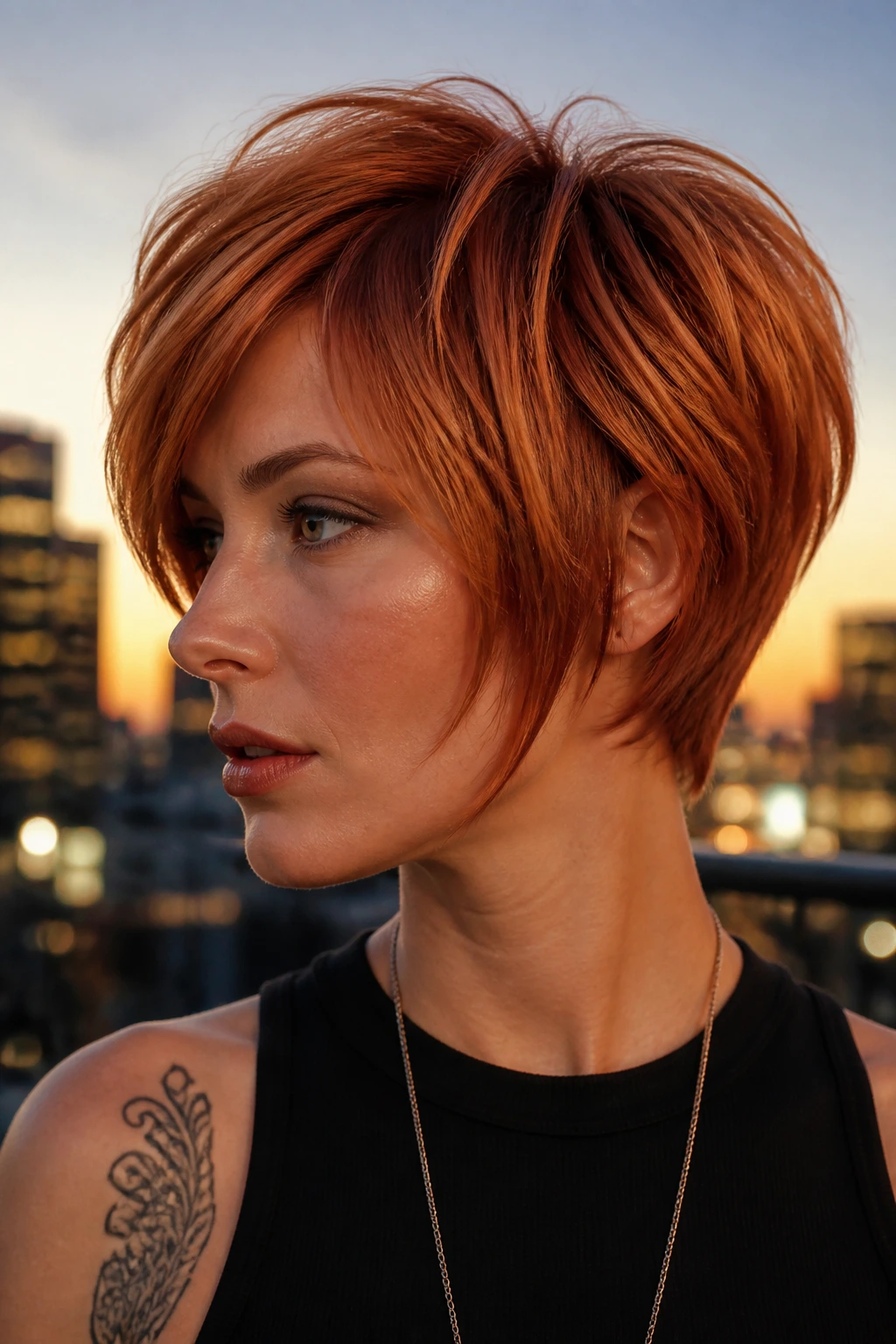Real person with edgy copper pixie-bob haircut