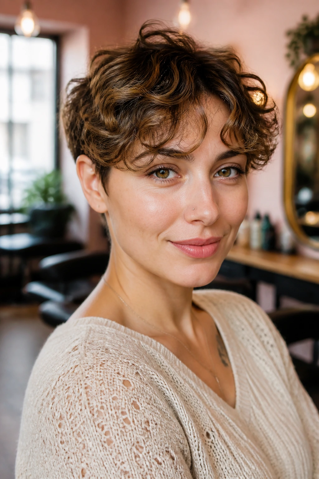 Close-up portrait of a woman with Cropped Pixie-Bob with Curled Curtain Bangs in a cozy salon.