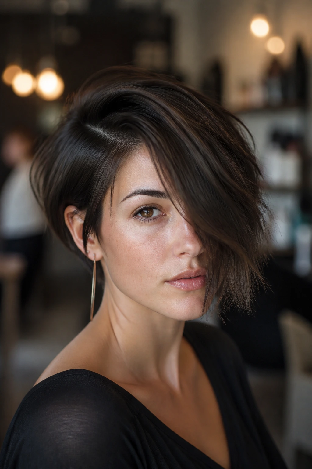 Close-up of a woman with a deep-parted pixie-bob sweeping across one eye