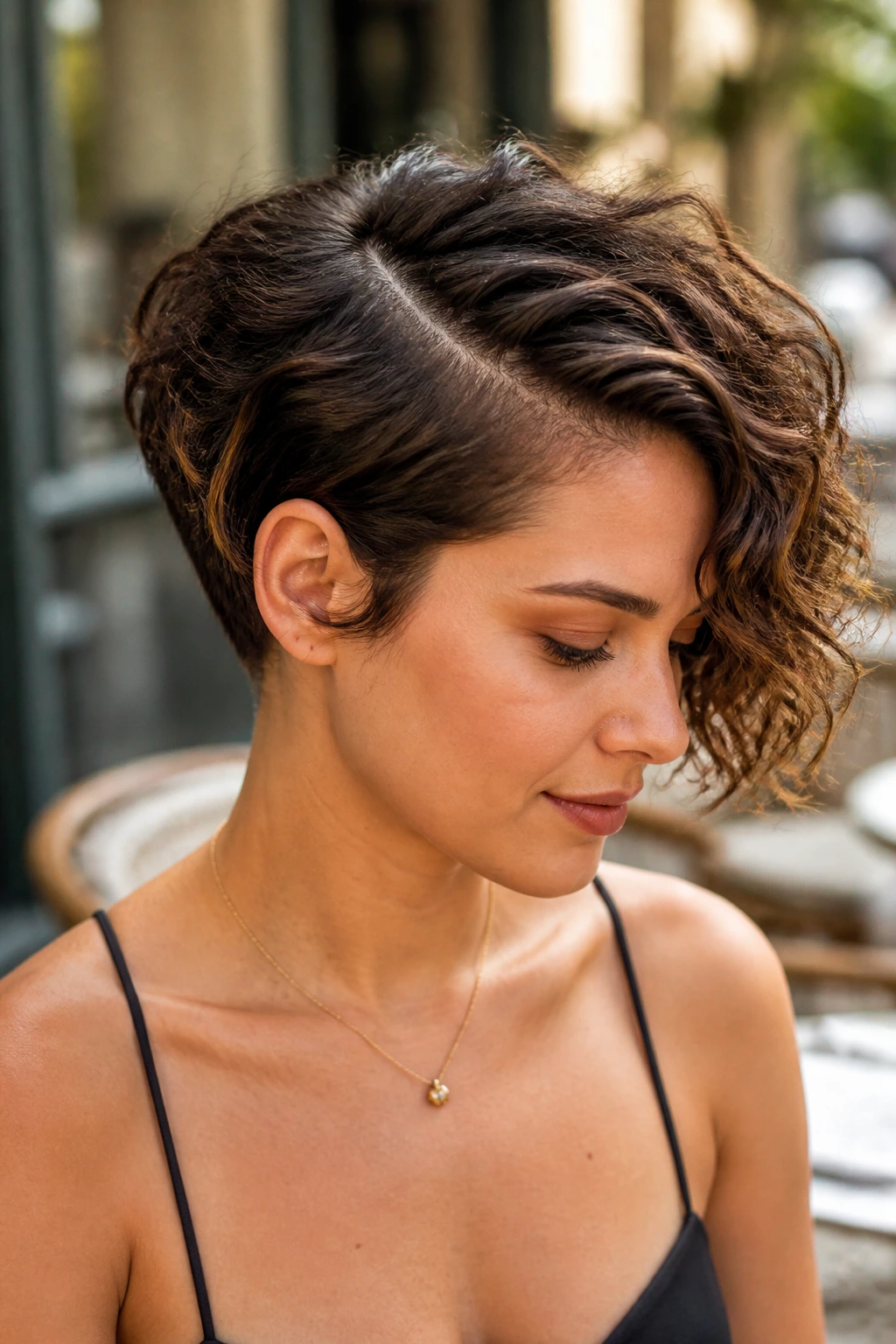 Close-up portrait of a real person showing The Deep-Parted Pixie-Bob with deep side part and cascading curls.