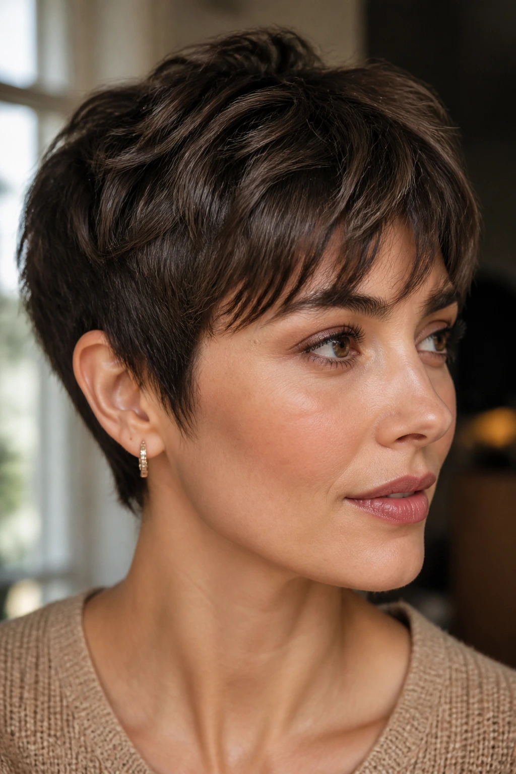Close-up portrait of a real person with a super-short pixie-bob cut.