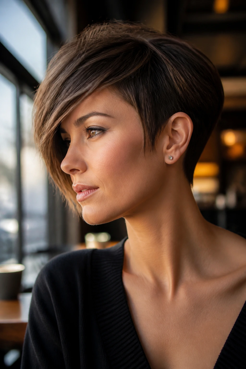 Close-up portrait of a real woman with pixie-bob hybrid hairstyle