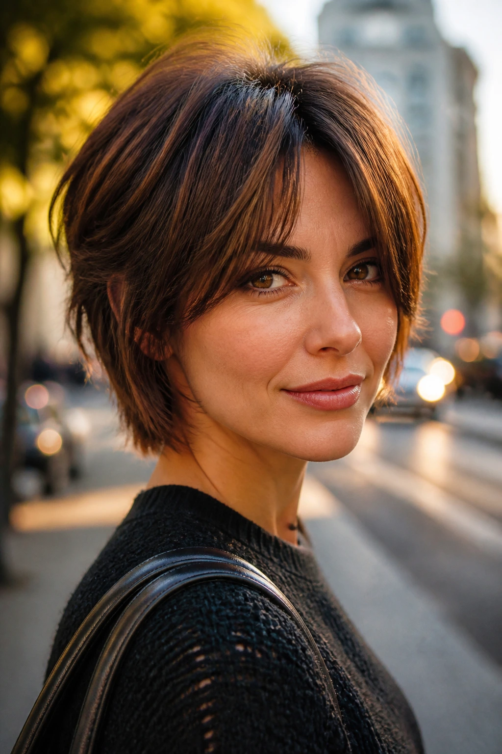 Close-up portrait of a woman with pixie-bob hybrid hairstyle