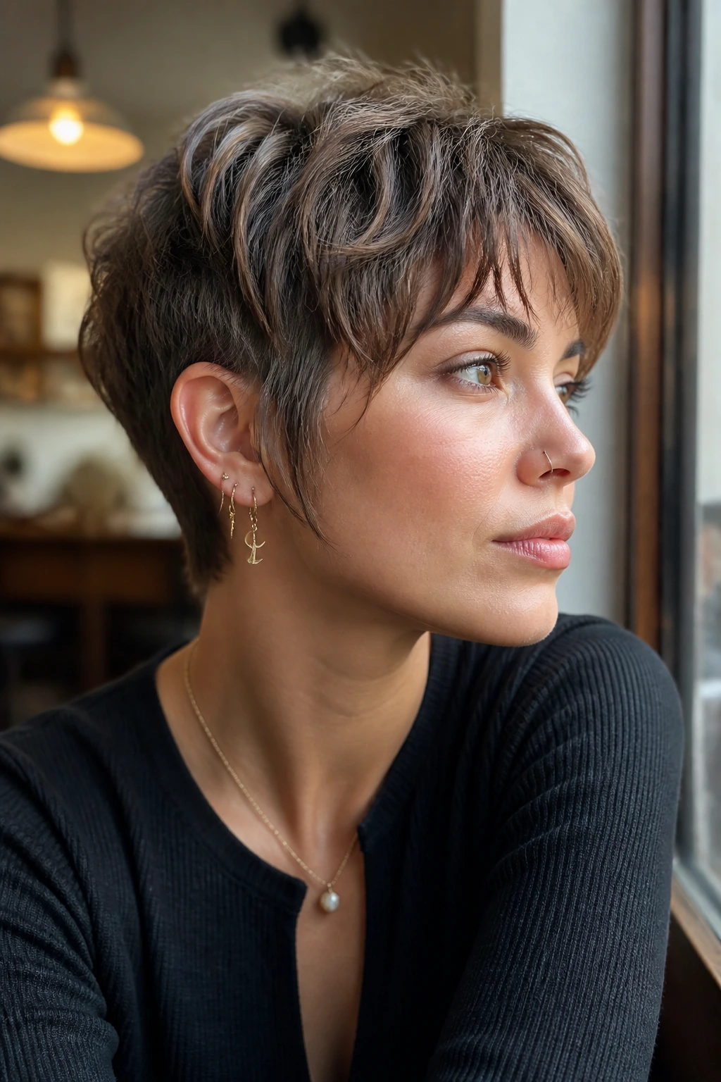 Close-up of textured pixie-bob hybrid on real person in cafe window light.