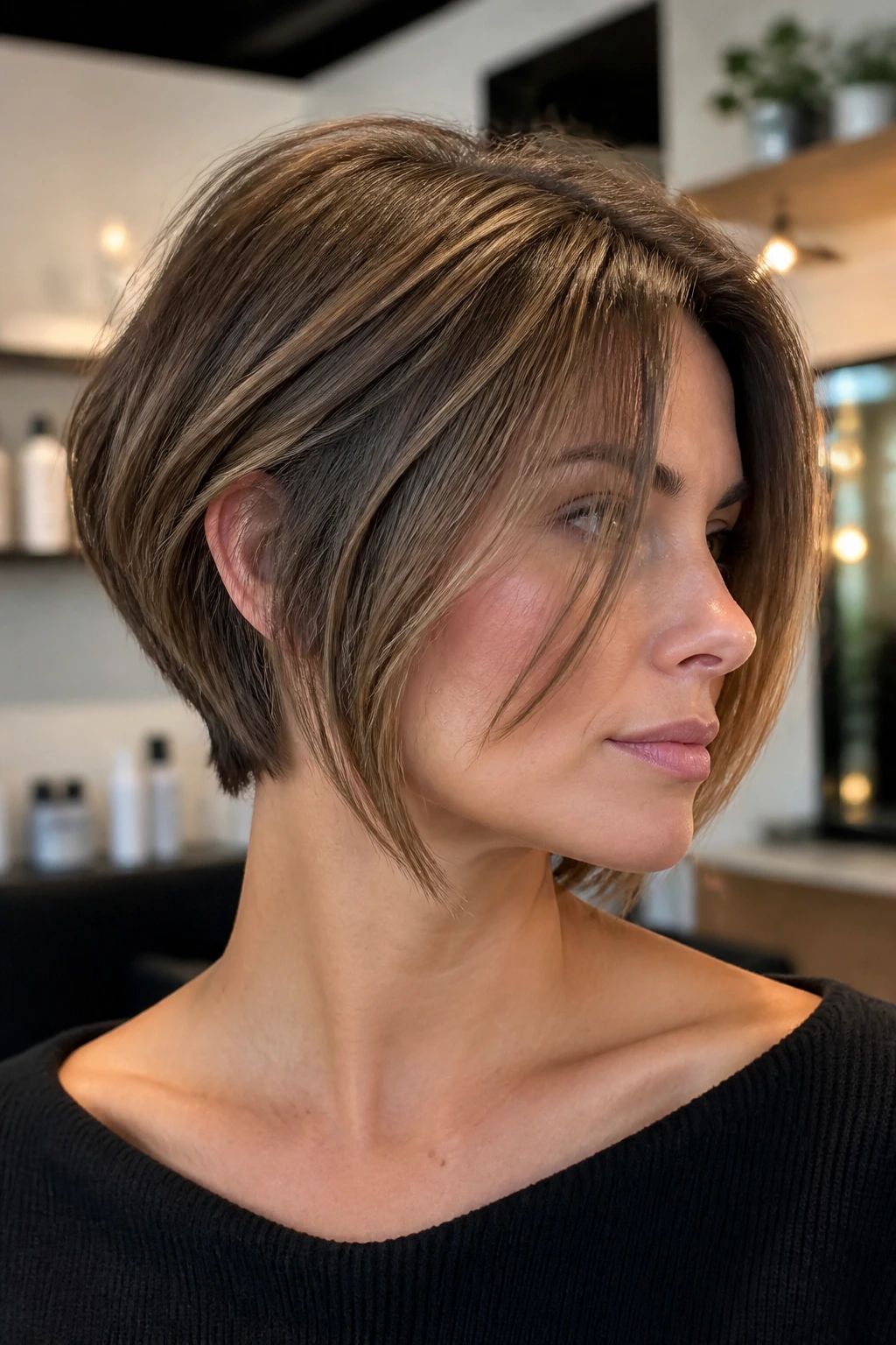 Close-up portrait of a real woman with a back-short pixie-bob hybrid and longer top
