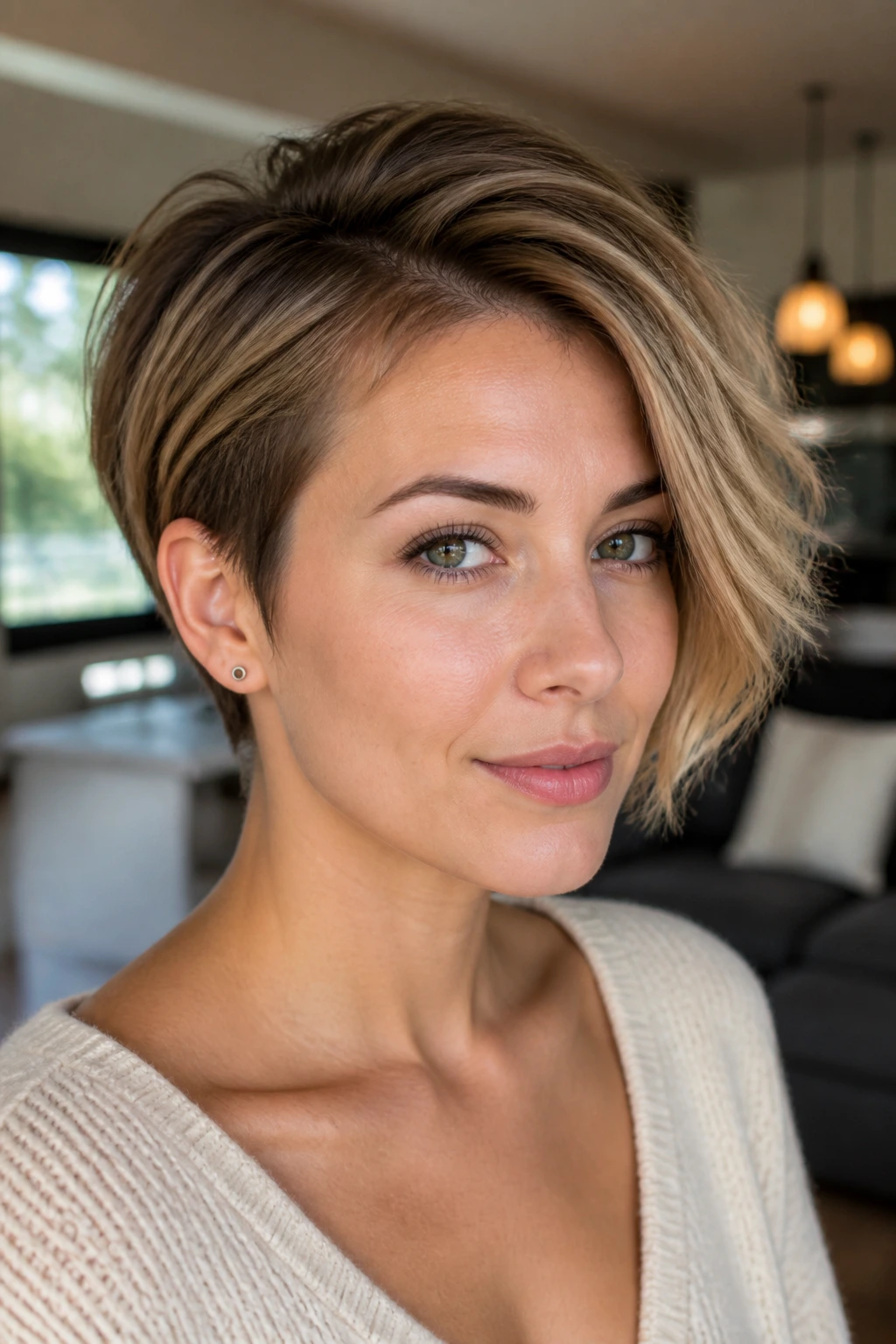 Portrait of a real woman with pixie-bob hybrid hairstyle swept to the side.