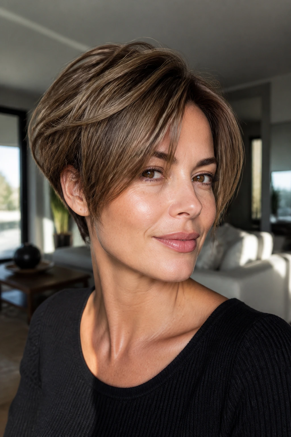 Close-up of a real woman wearing a soft layered pixie-bob hybrid highlighting high nape stack