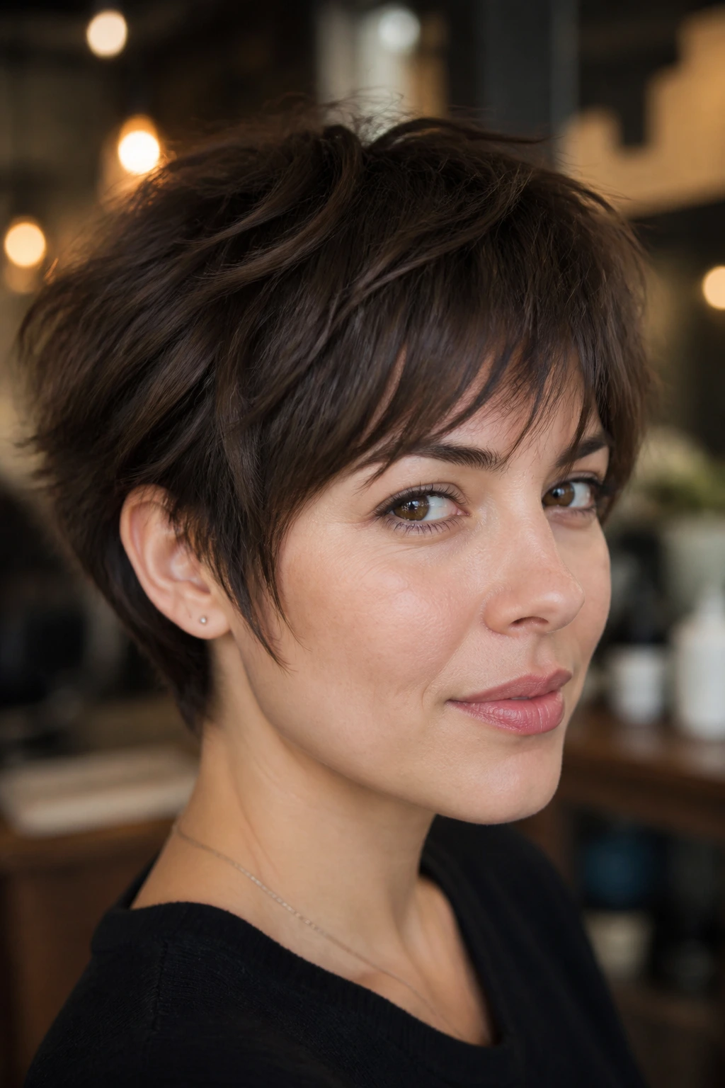 Close-up portrait of a real woman with a pixie-bob hybrid hairstyle.