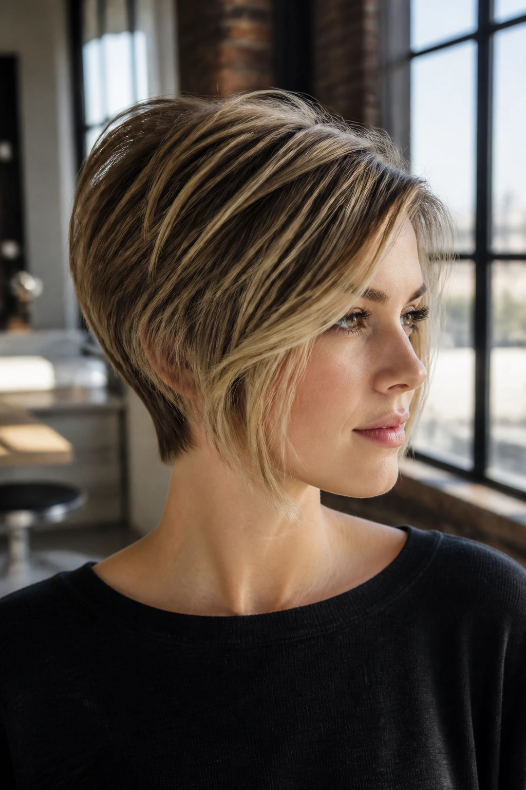 Portrait of a real woman with a pixie-bob hybrid hairstyle showing high volume.