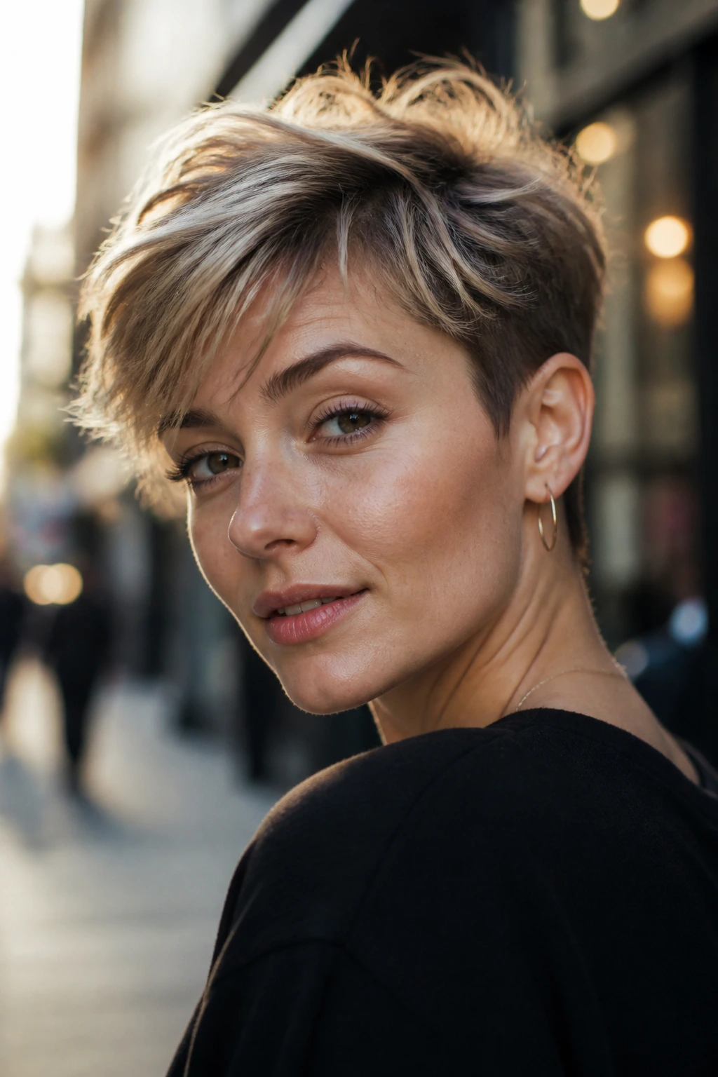 Close-up of a woman with a pixie-bob hybrid hairstyle in an urban setting