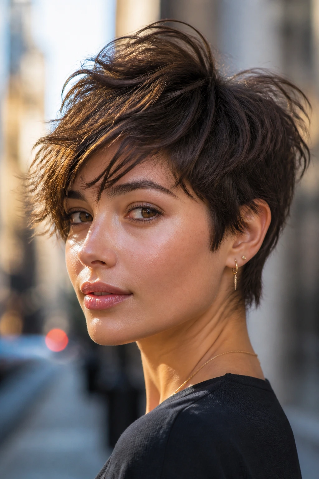 Close-up of a real woman with a pixie-bob hybrid hairstyle in daylight