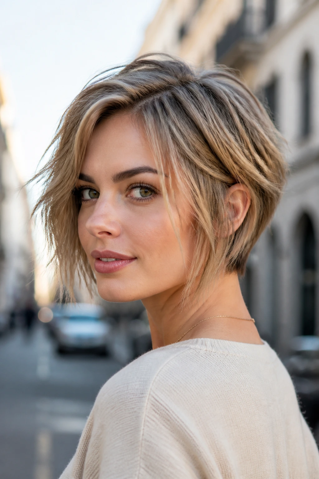 Real woman with messy pixie-bob hybrid hairstyle