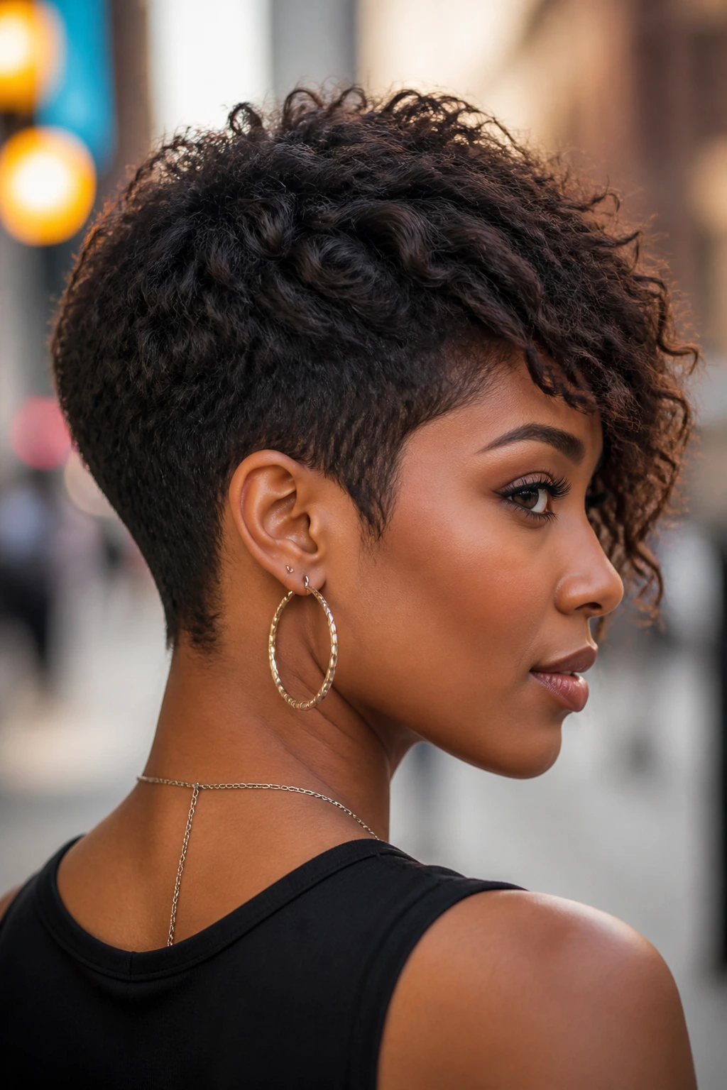 Real woman with pixie-bob hybrid hairstyle on a city street.