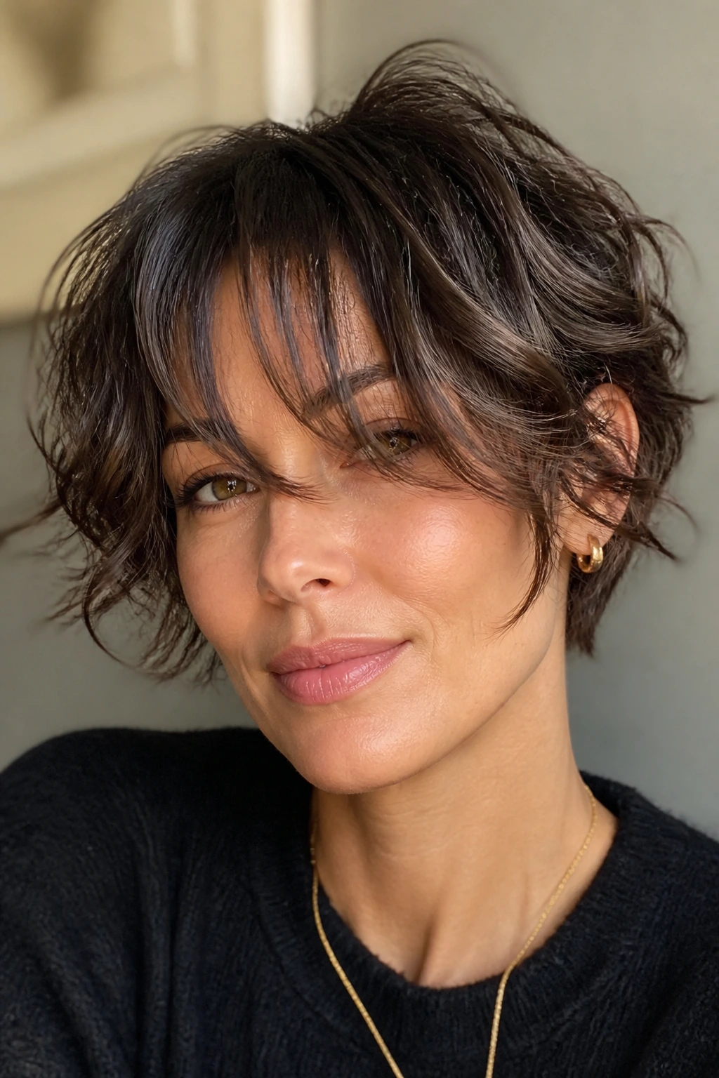 Real woman with pixie-bob hybrid and long bangs in warm natural light.