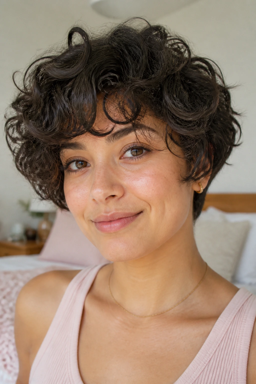 Close-up of a real person with a soft rounded pixie-bob hybrid hairstyle in cozy daylight