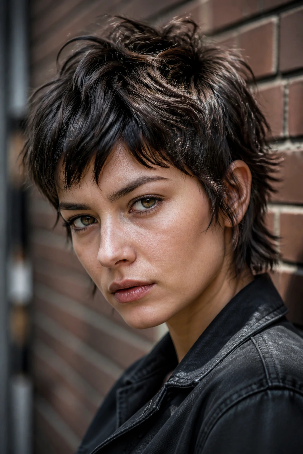 Close-up portrait of a real person with a textured pixie-bob shag under natural sunlight