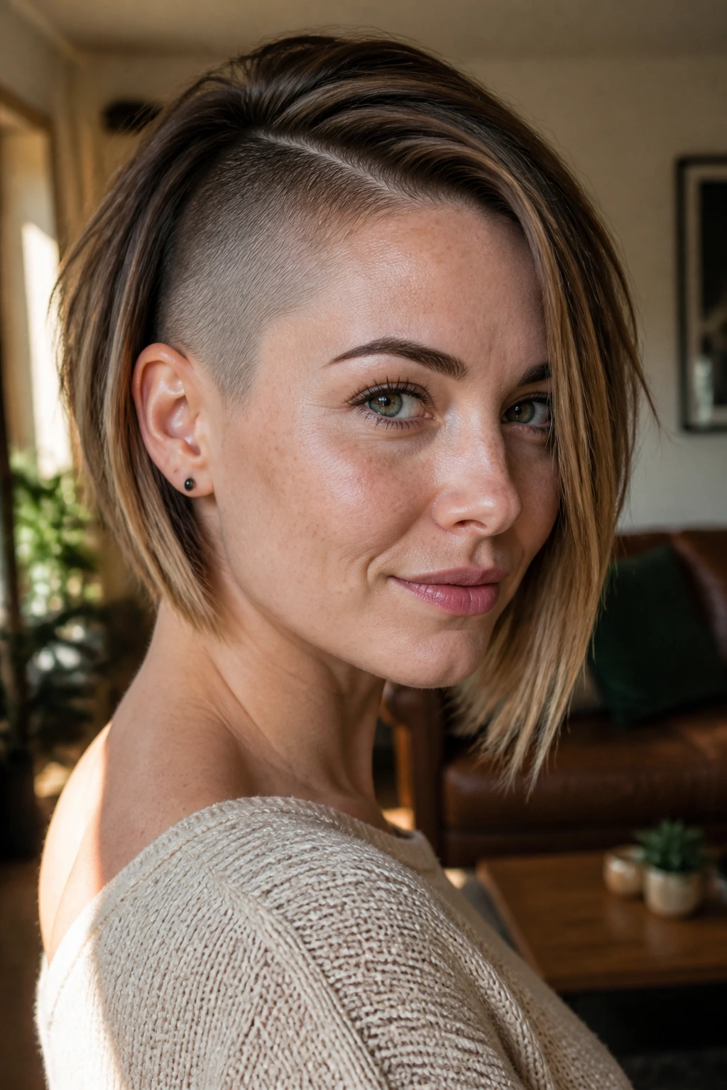 Asymmetrical pixie-bob with one shaved temple on a real person