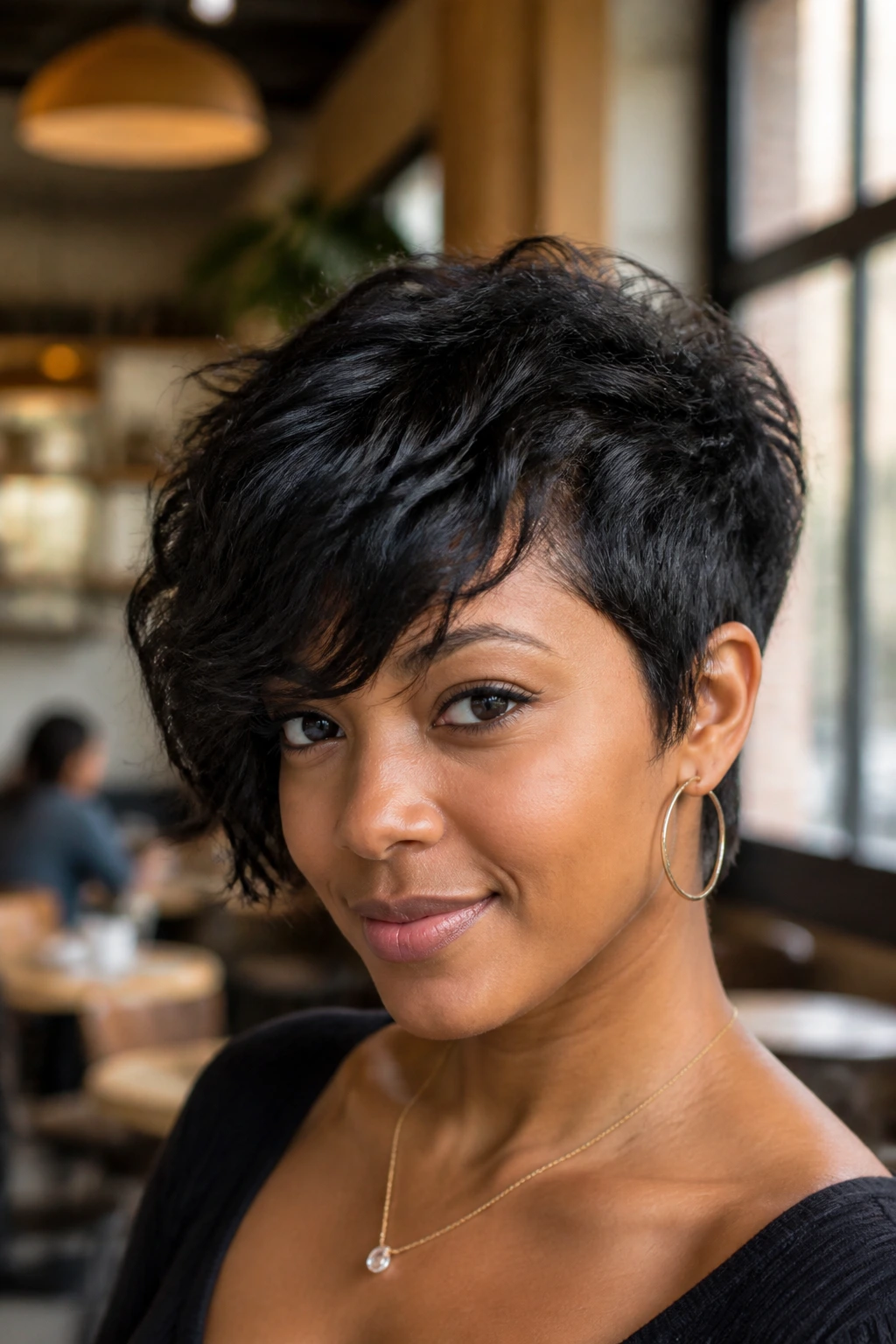 Close-up portrait of pixie-bob with side-swept bangs on real person