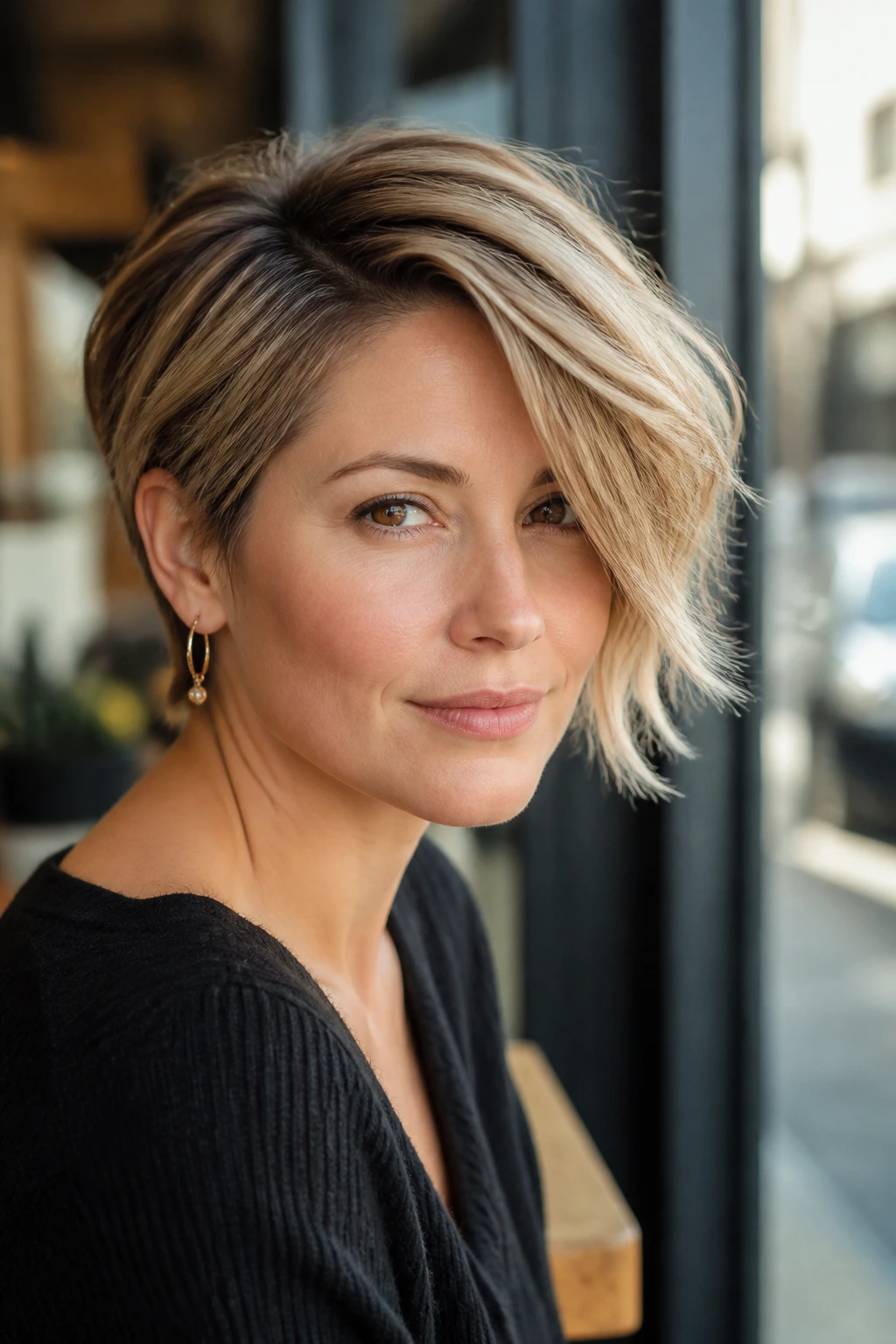 Close-up portrait of a woman with a textured side-swept pixie-bob