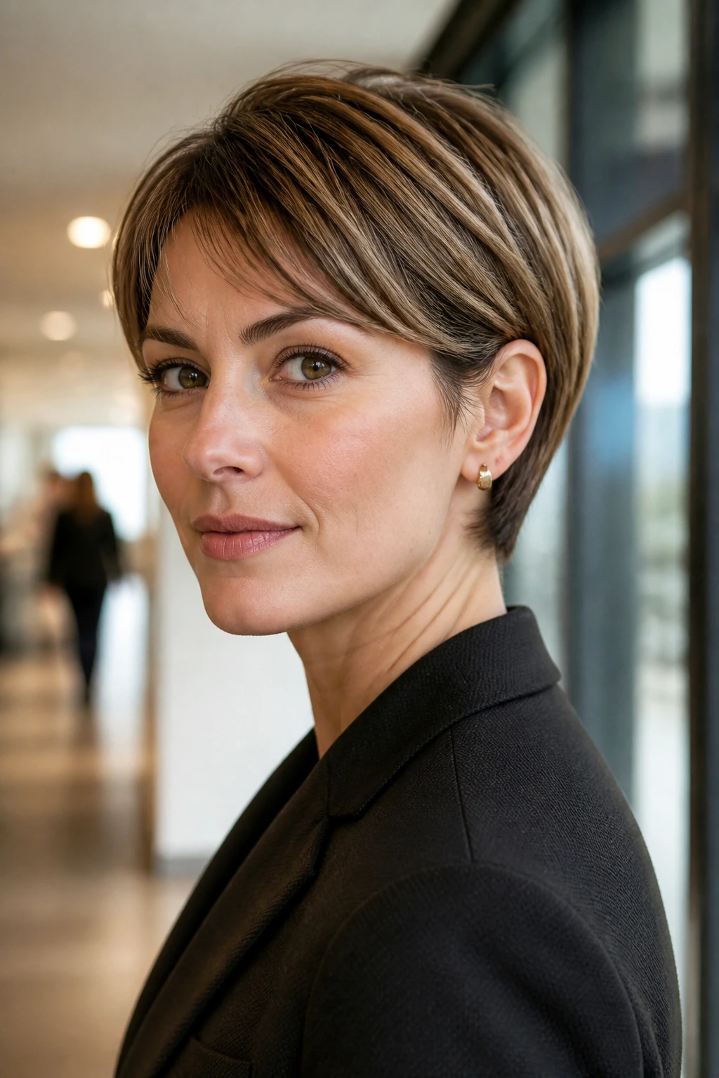 Close-up of a real woman with an ear-length stacked pixie bob in an office hallway