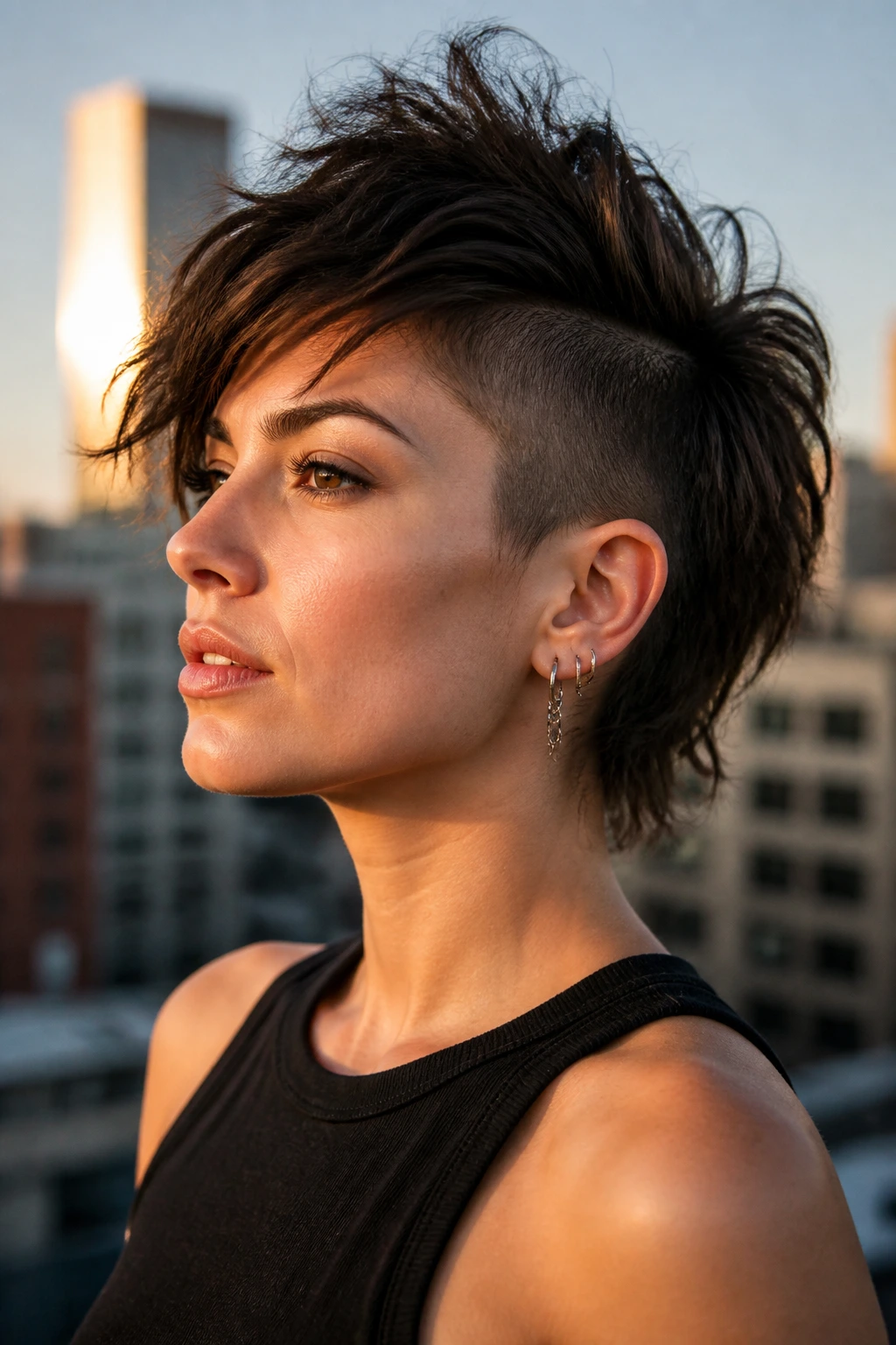 Close-up of a person with a textured pixie-bob hybrid and shaved temple