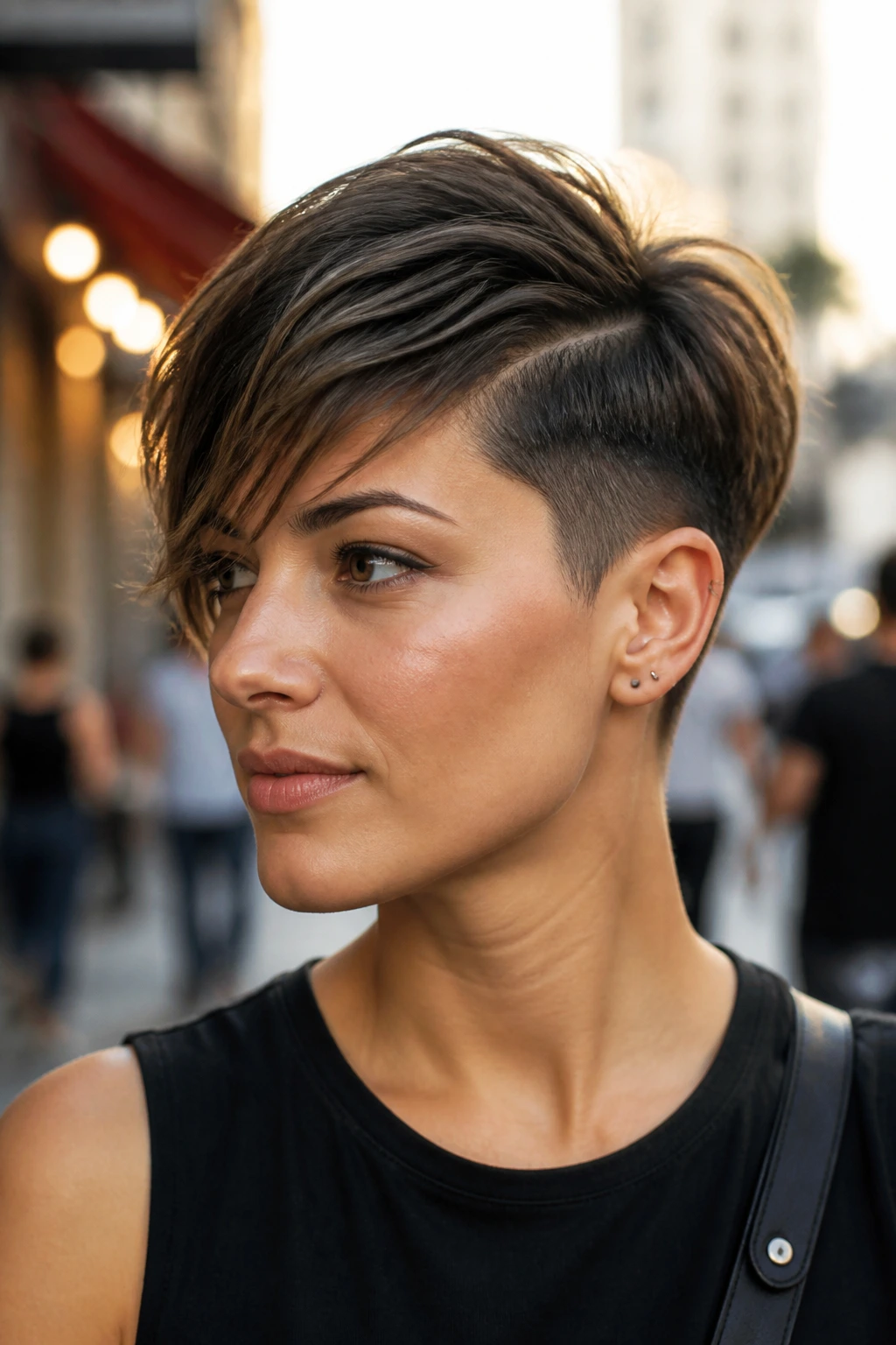Close-up of a real woman with textured pixie-bob and side undercut