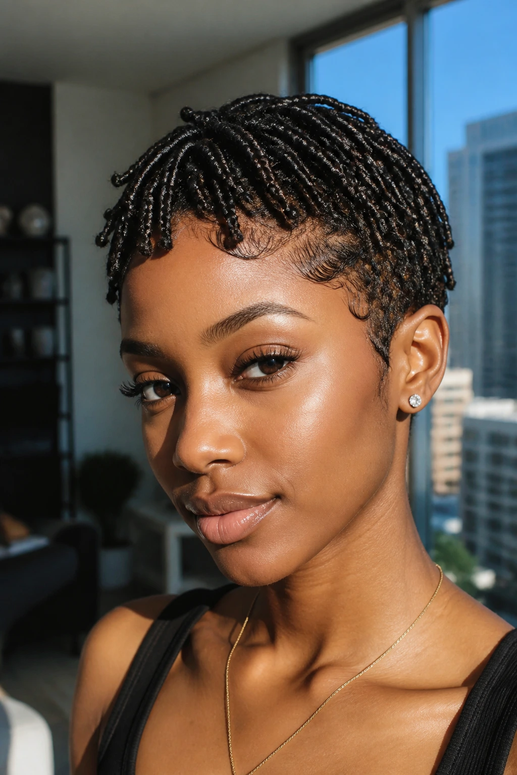 Close-up of pixie braids on a real woman with a bold look