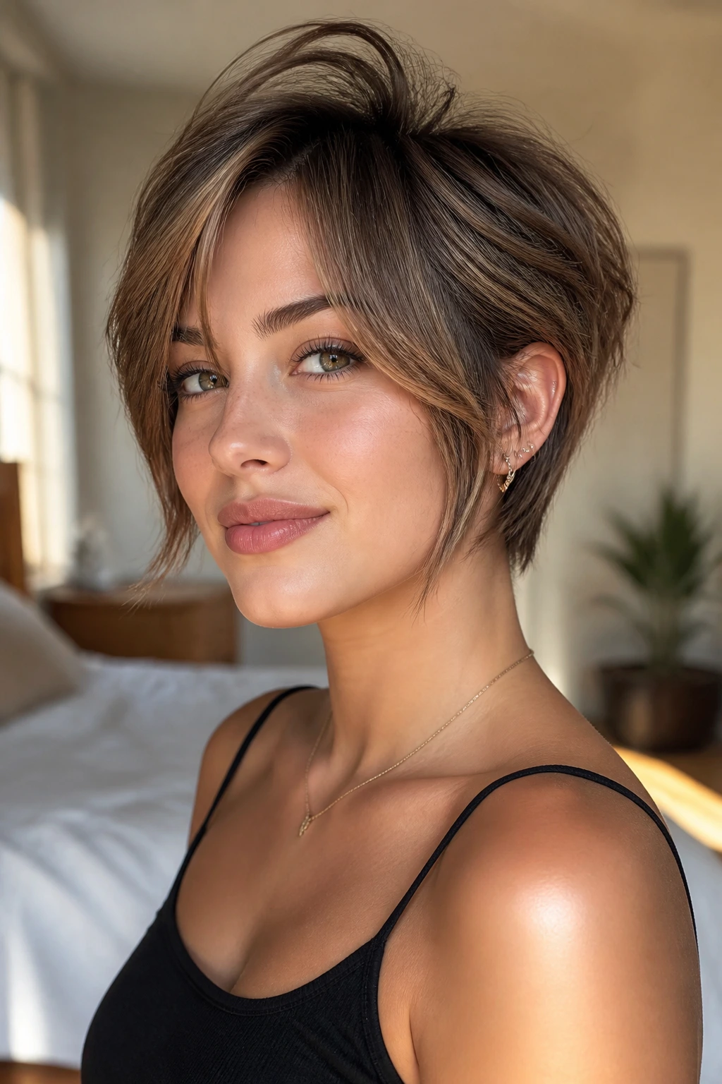 Close-up of a real woman with Pixie-Butterfly Fusion hairstyle featuring a short back and long facial fringe.