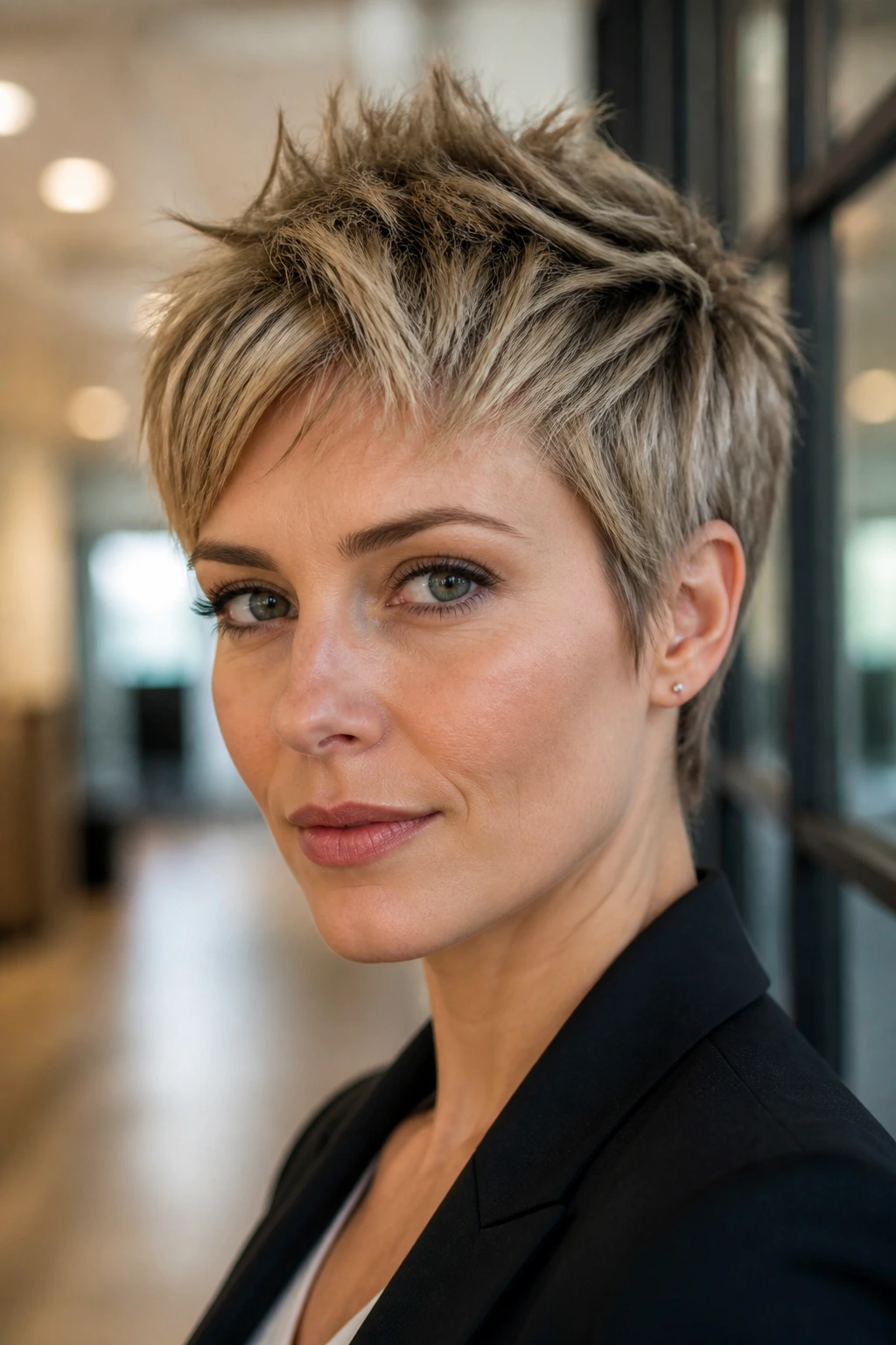 Close-up of a real woman with a razor-cut pixie and choppy layers in a bright office hallway