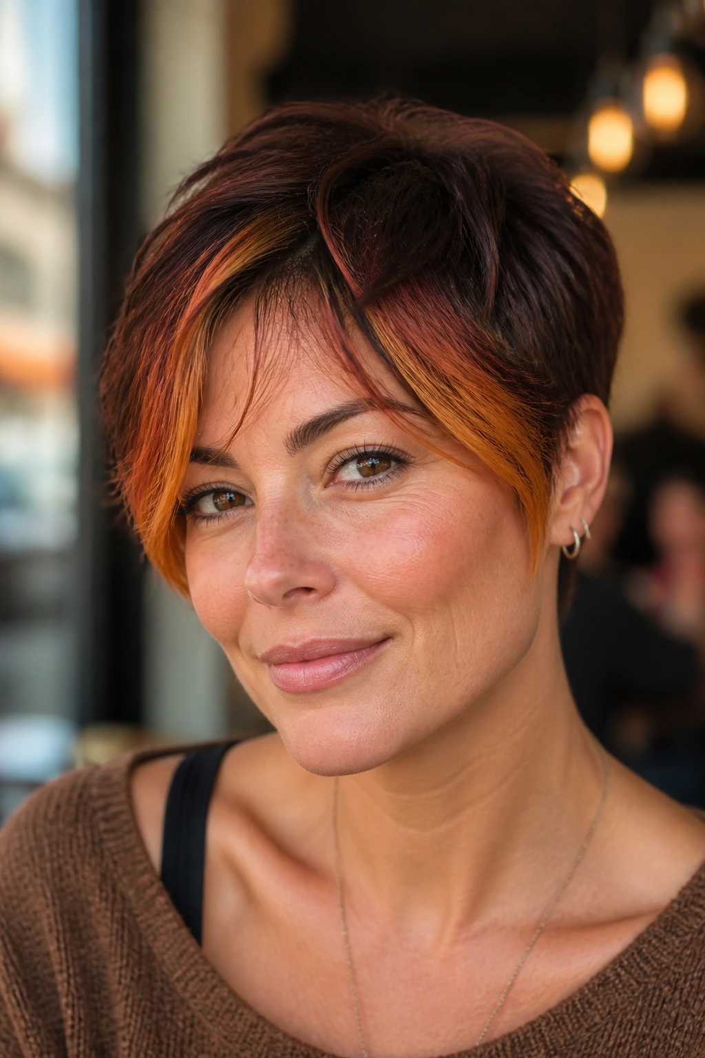 Real person with pixie cut featuring spicy ginger money pieces framing the face.